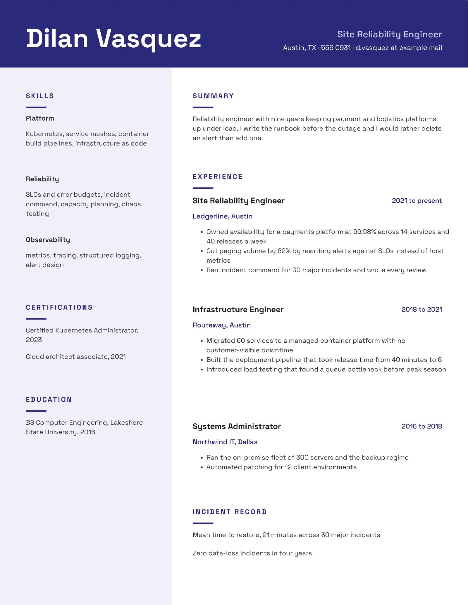 Indigo Modern Site Reliability Engineer Resume — 2-page Resume template, page 2 of 2