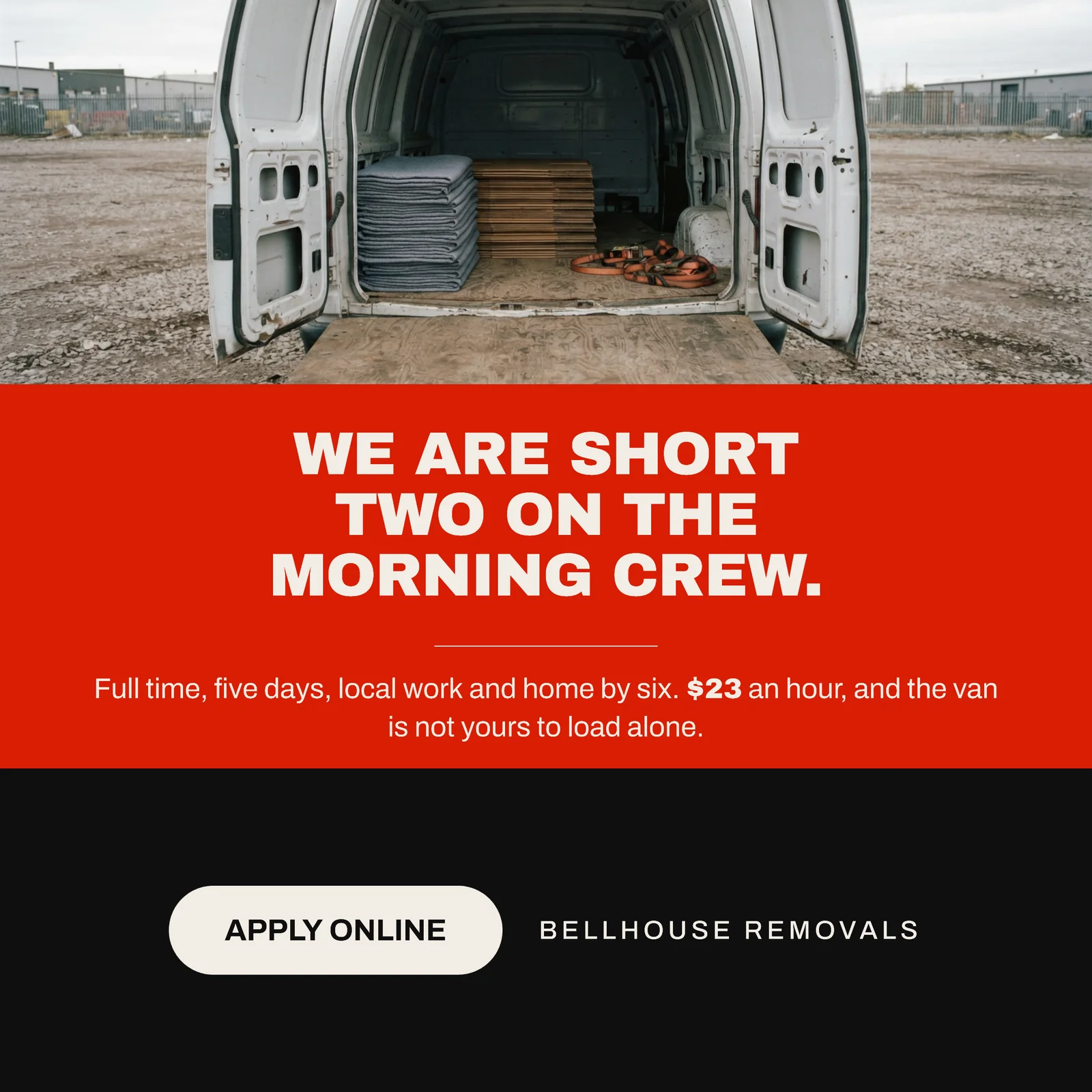 Signal Red Black Band Stack Removals Morning Crew Hiring Facebook Ad — 1:1 Facebook ad template