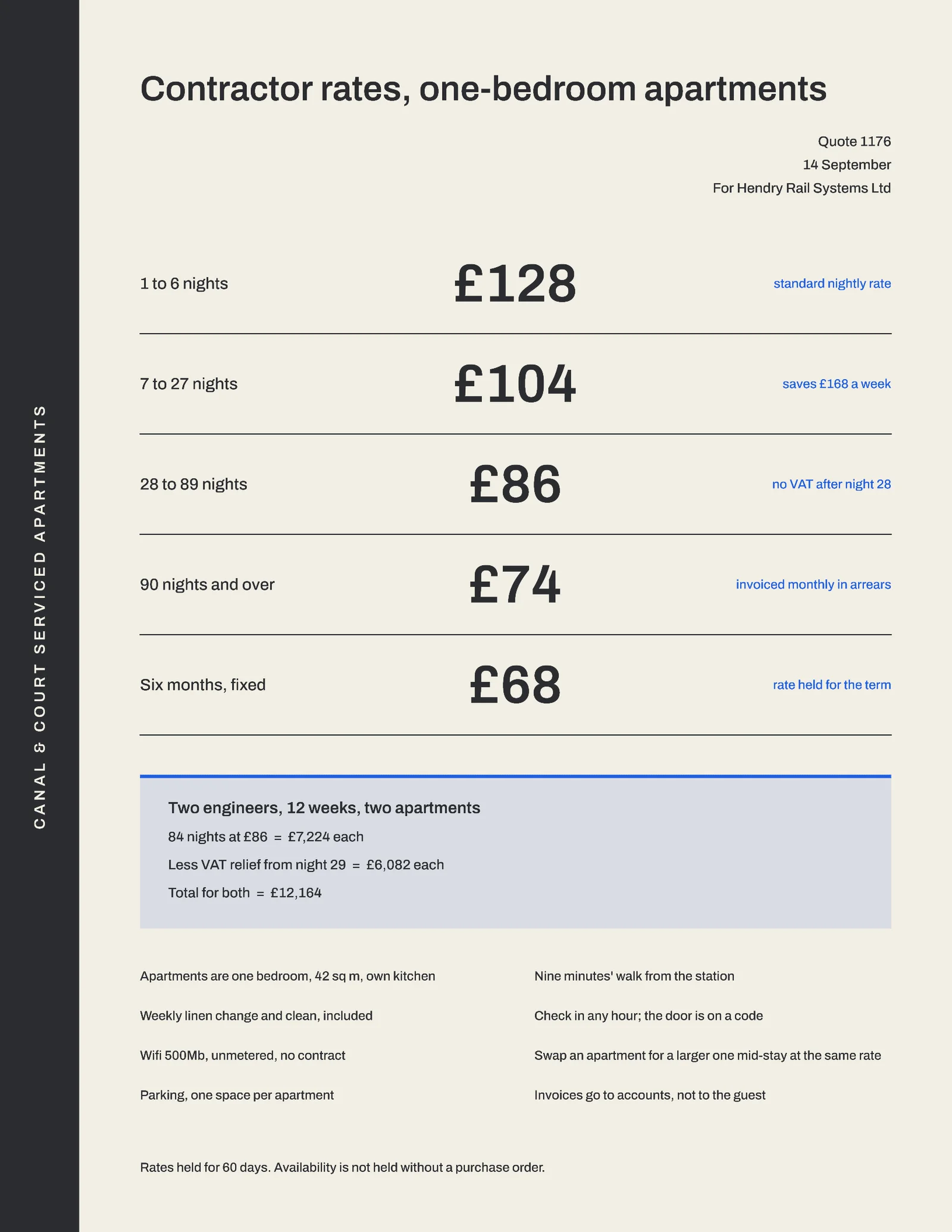 Long Stay Rate Ladder Serviced Apartments Quote — Letter Quote template