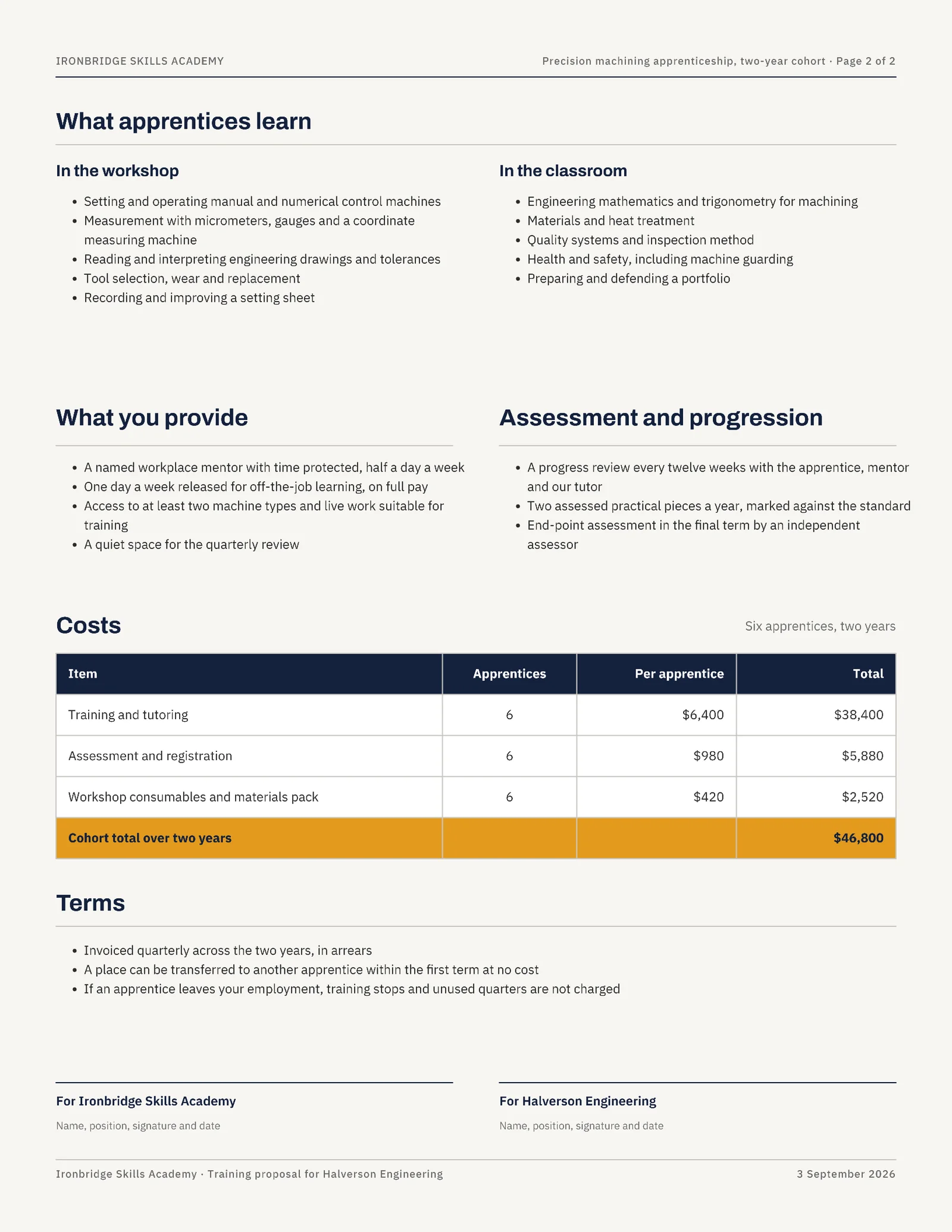 Midnight Amber Apprenticeship Training Proposal — 2-page Proposal template, page 2 of 2