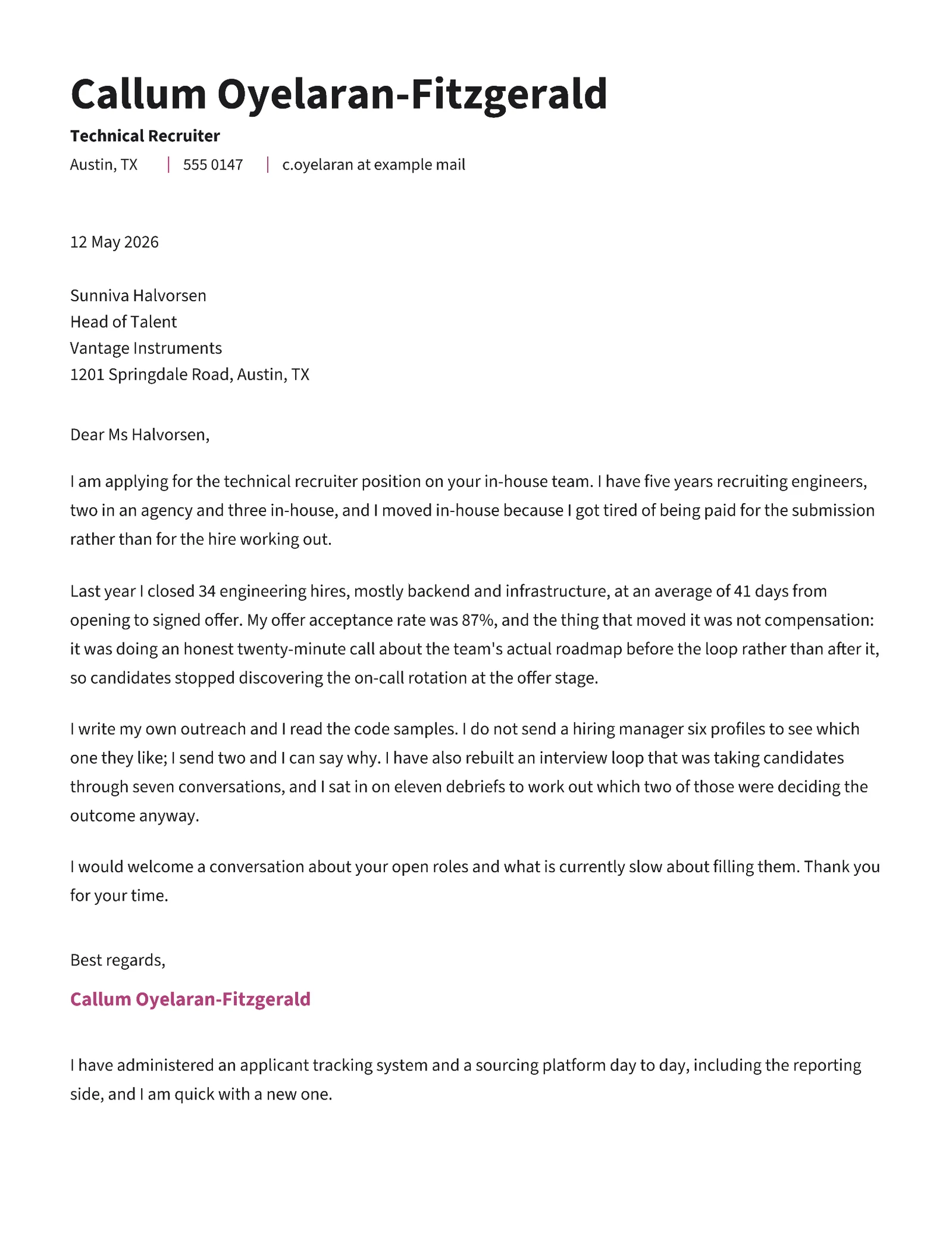 Recruiter Cover Letter — Letter Cover letter template