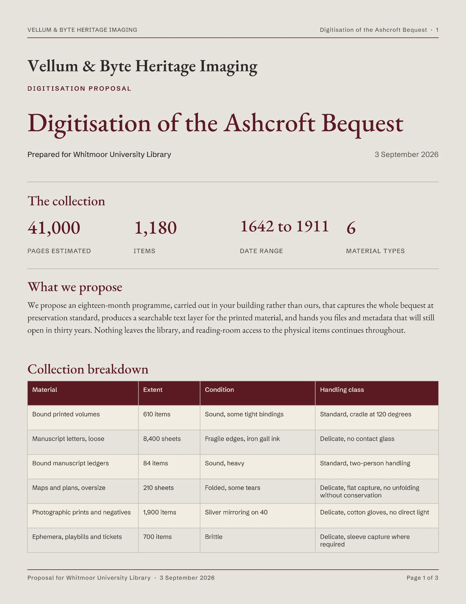 Oxblood Stone Digitisation Phases Library Archive Proposal — 3-page Proposal template, page 1 of 3