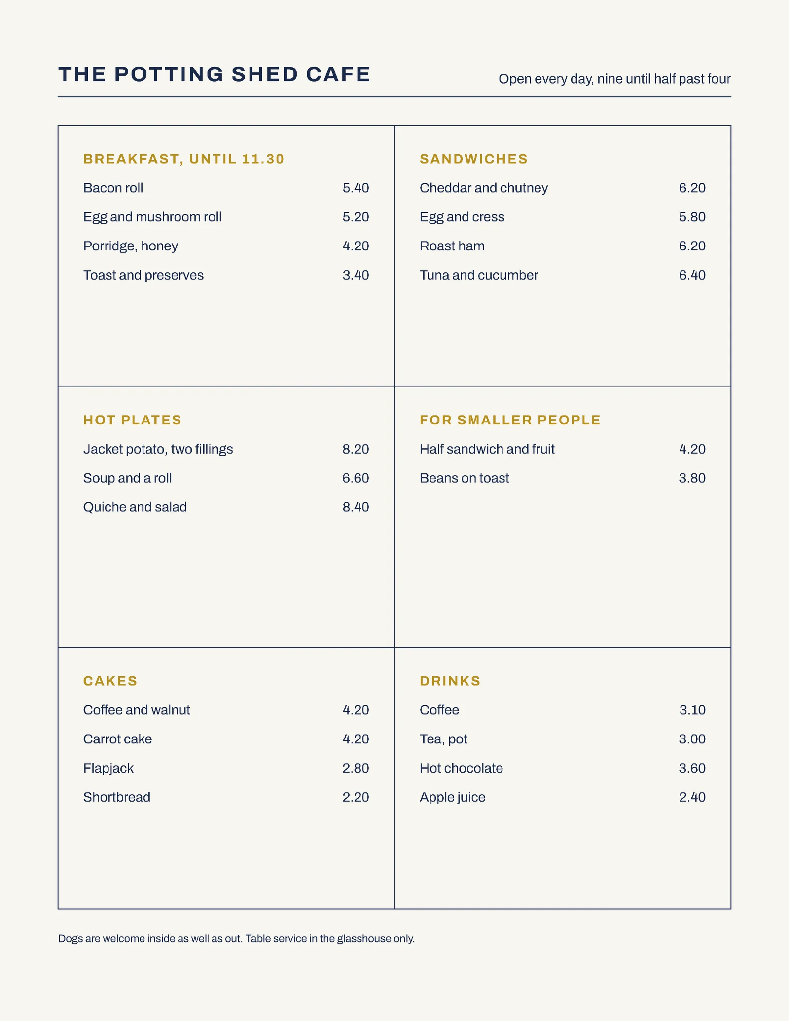 Chalk Box Grid Garden Centre Cafe Menu — Letter Menu template
