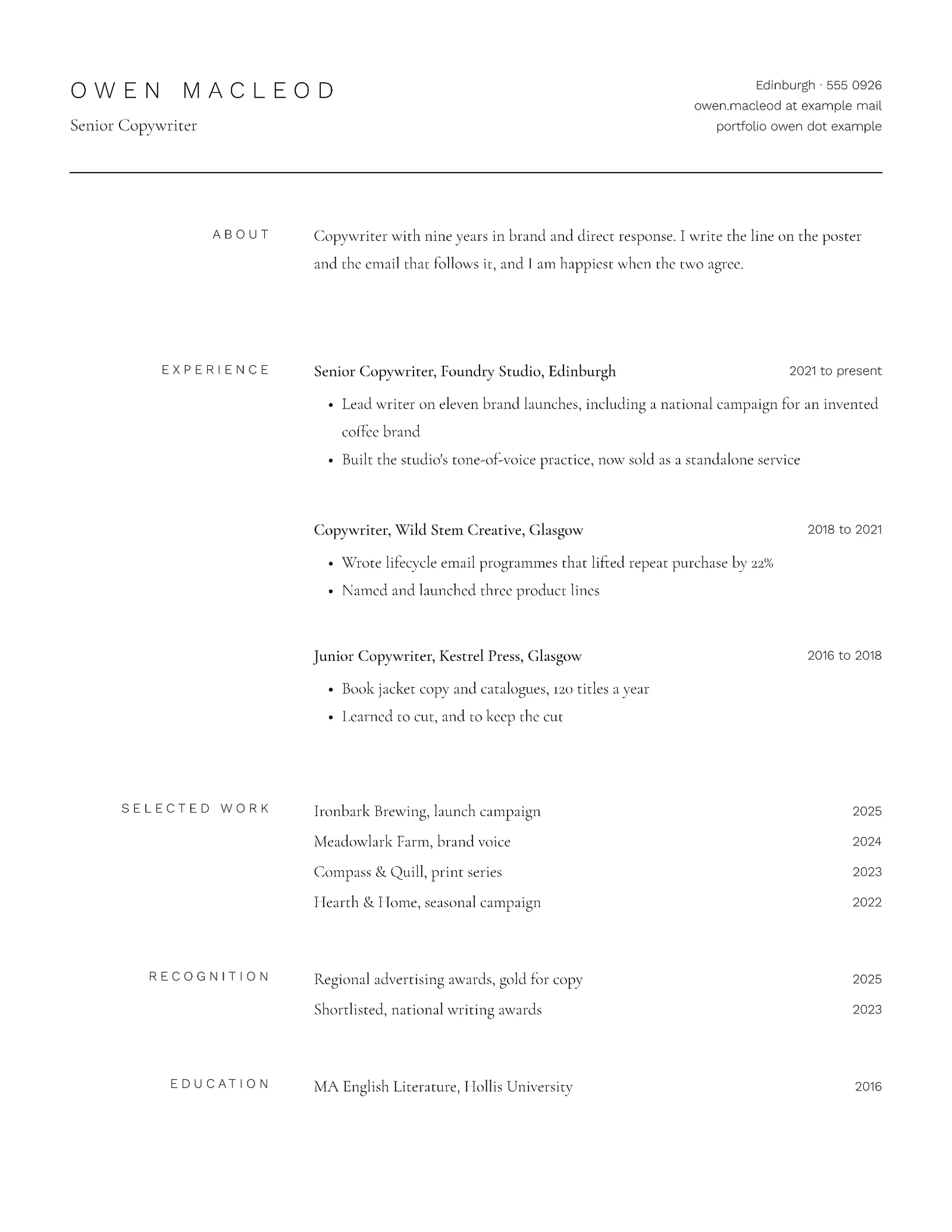 Minimalist Copywriter Résumé — 2-page Resume template, page 1 of 2