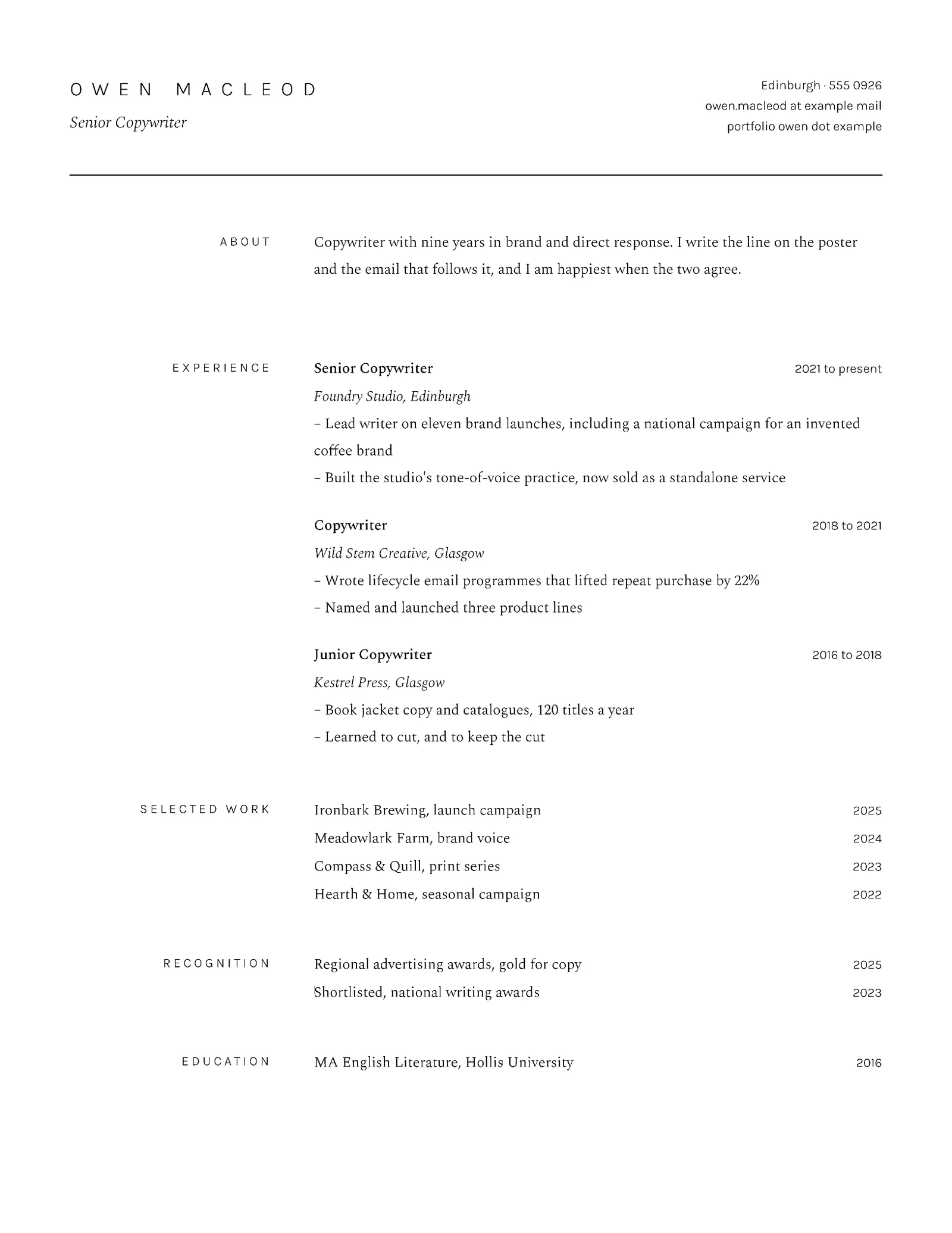 Minimalist Copywriter Résumé — 2-page Resume template, page 2 of 2