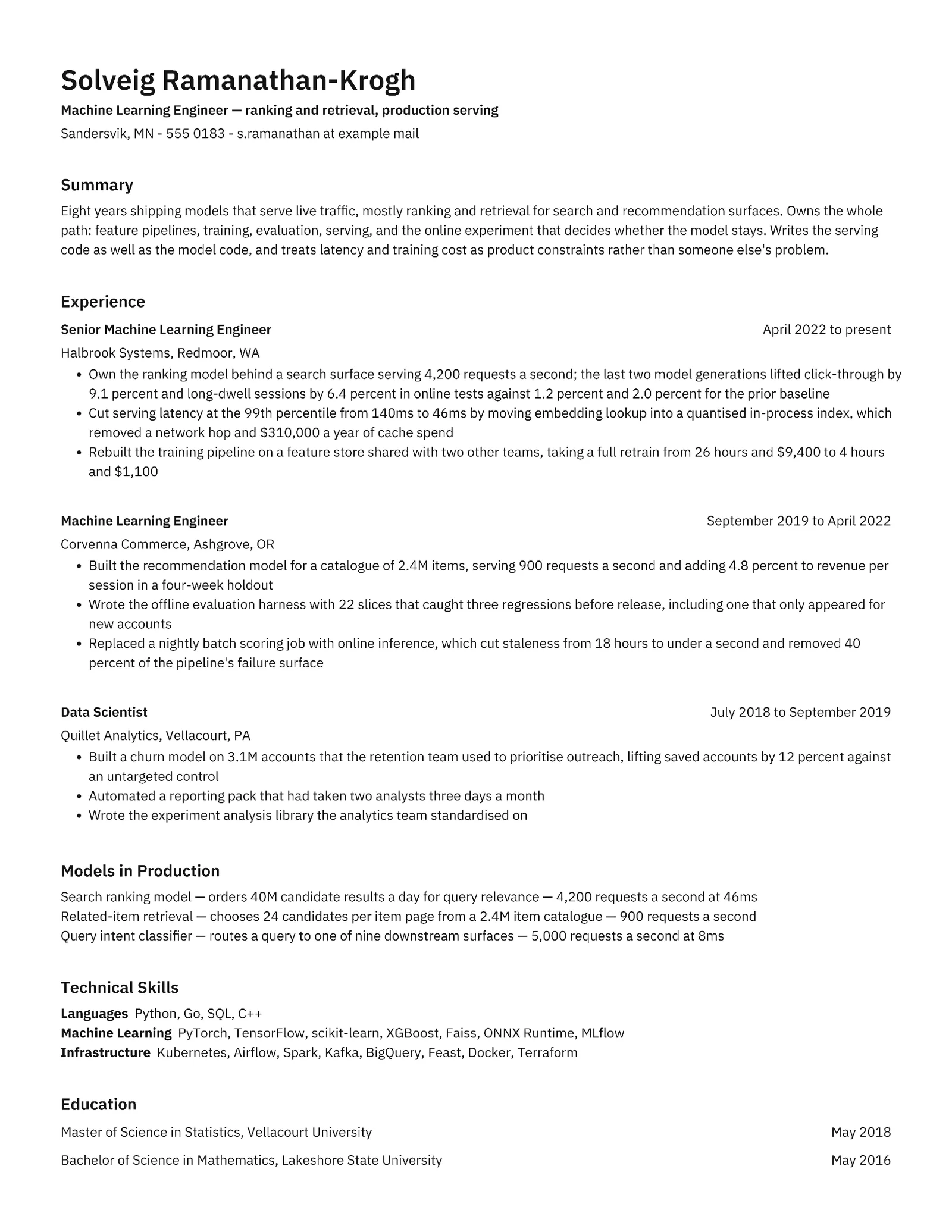 Machine Learning Engineer Resume — Letter Resume template