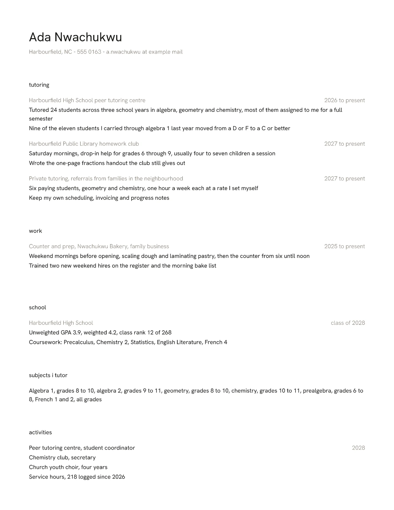 Peer Tutor Resume — Letter Resume template