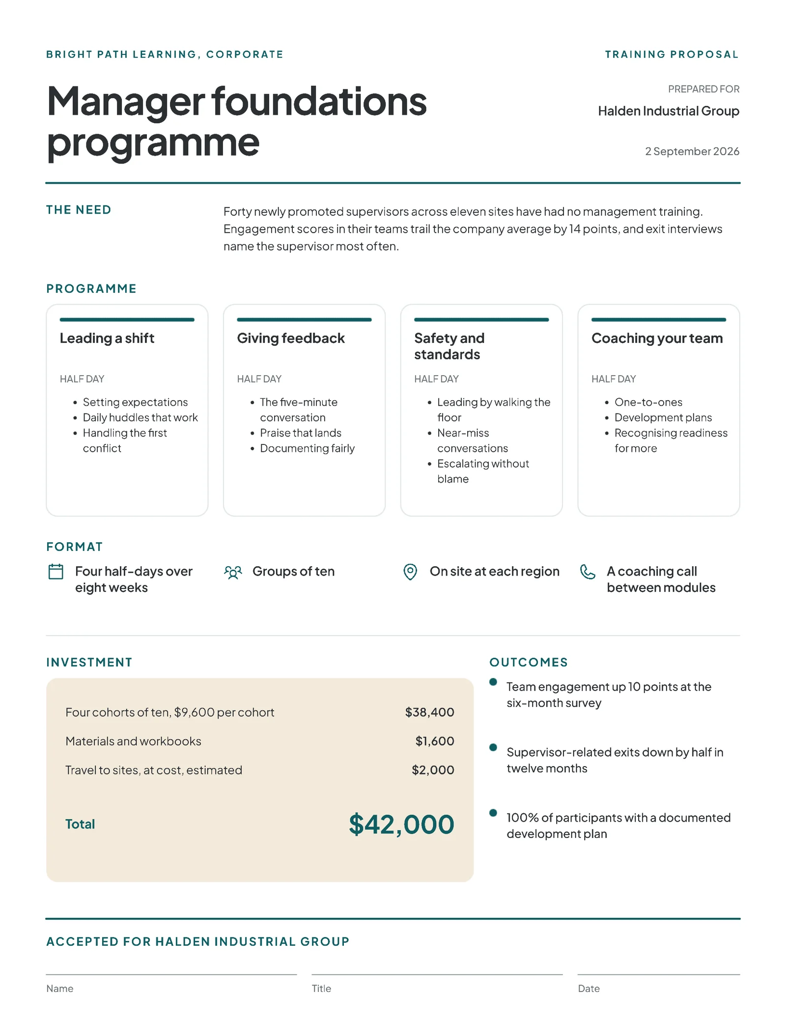 One-Page Corporate Training Proposal — 2-page Proposal template, page 1 of 2