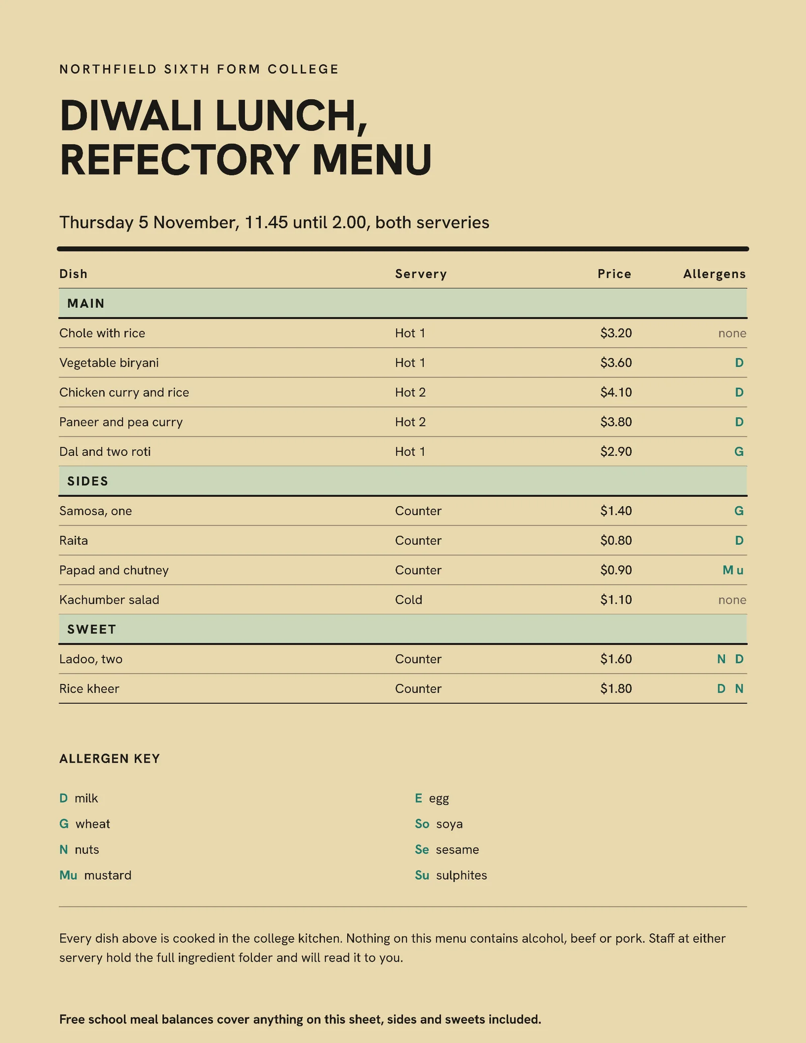 Sea Green Manila Allergen Key List College Diwali Lunch — Letter Menu template