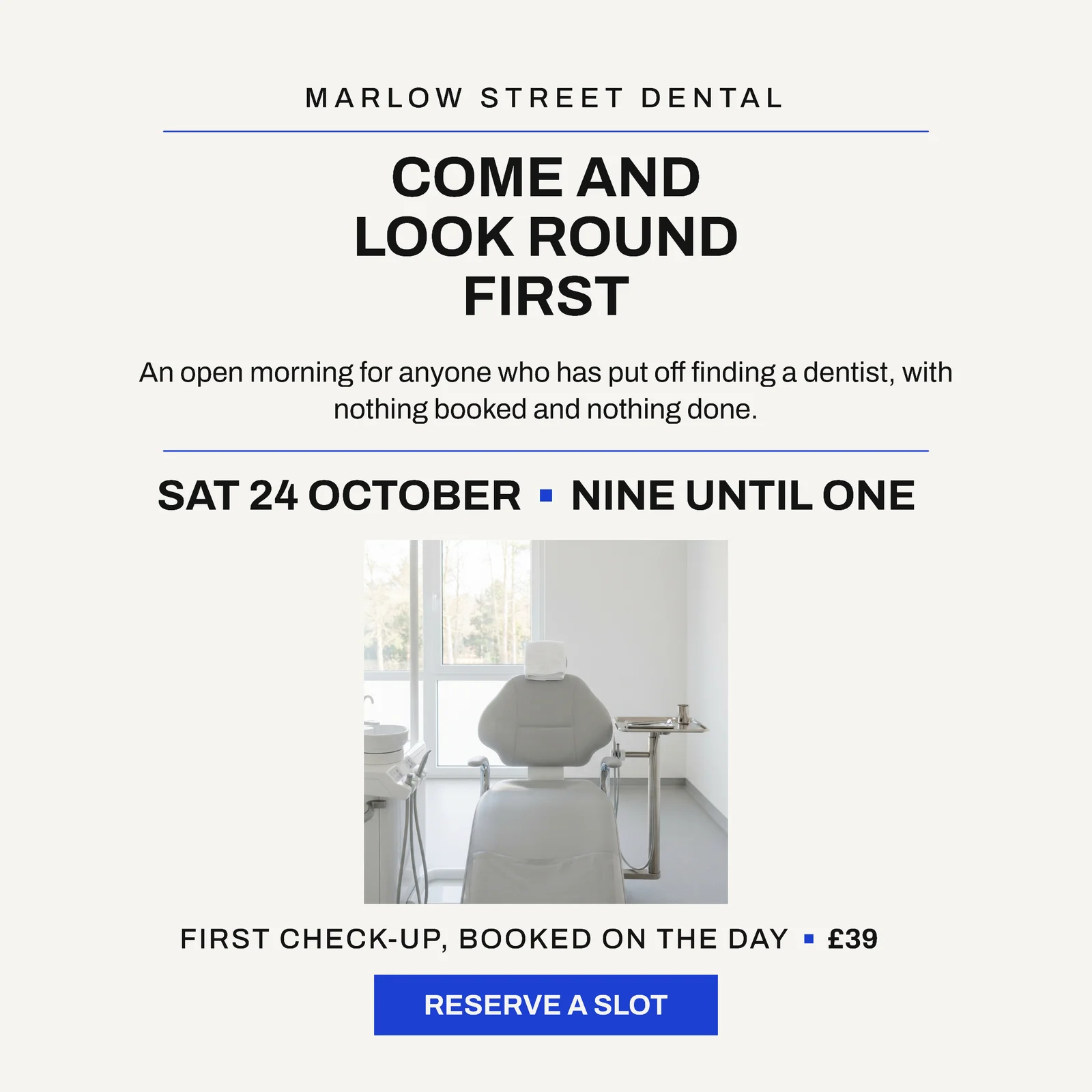Chalk Cobalt Centred Stack Dental Practice Open Morning Instagram Ad — 1:1 Instagram ad template
