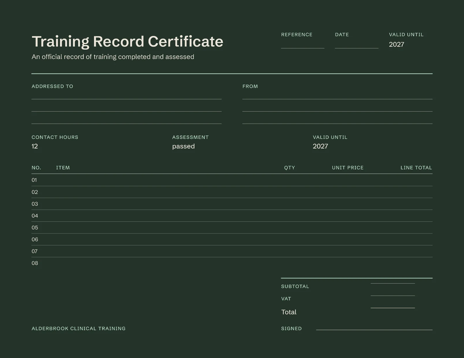Training Record Certificate — Letter landscape Certificate template