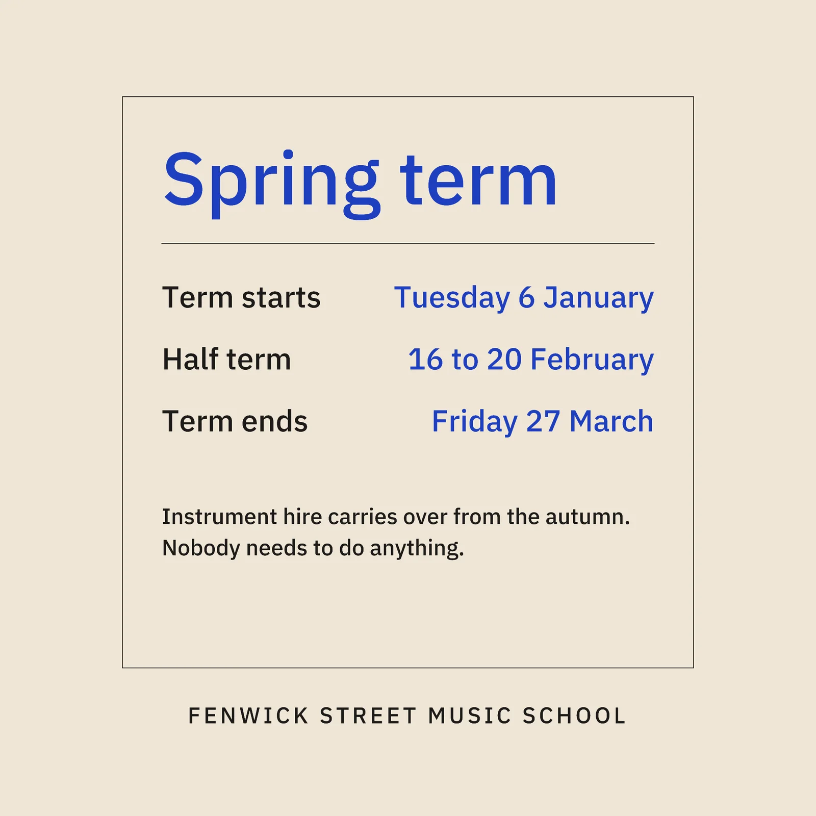 Music School Spring Term New Year Facebook Post — 1:1 Facebook post template