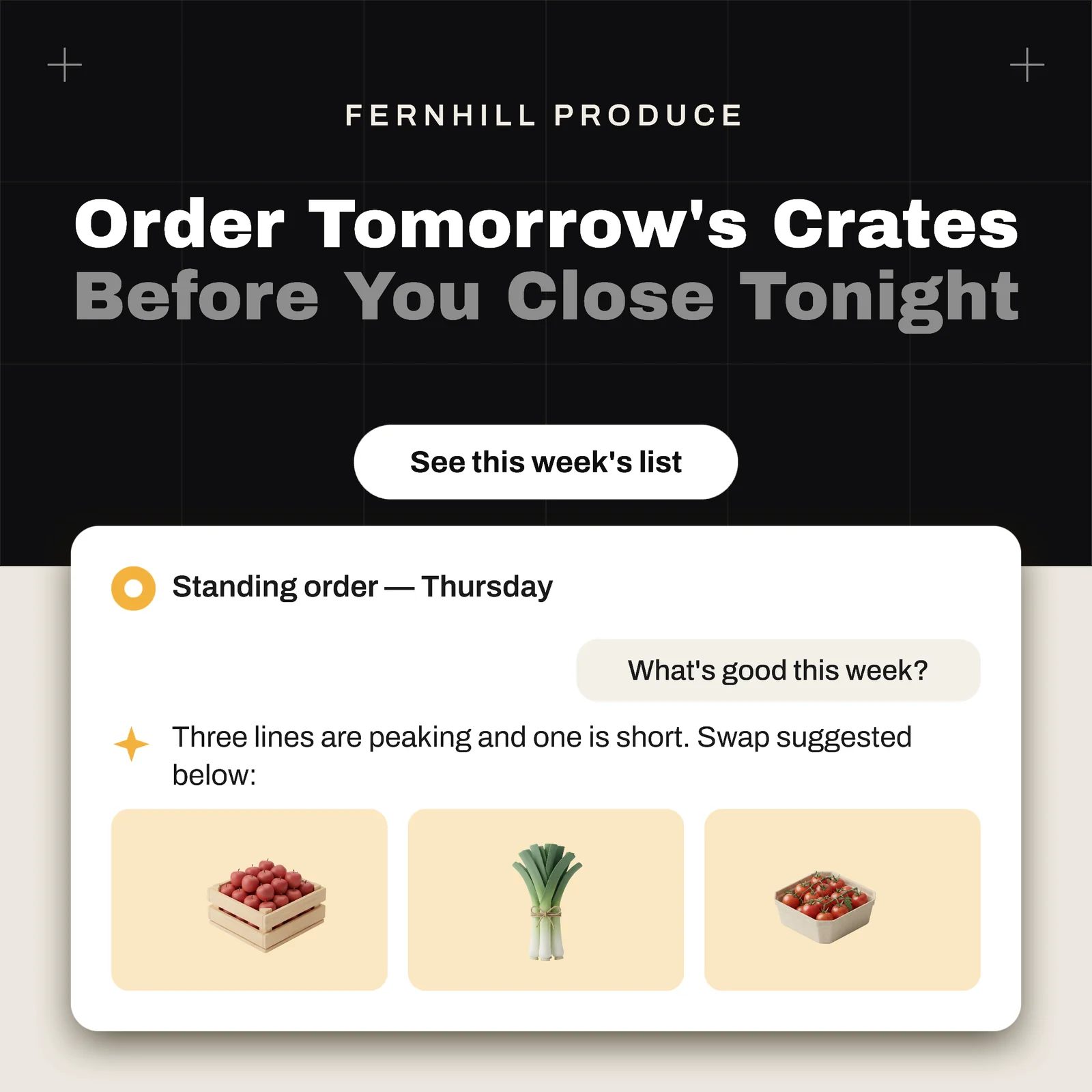 Black Floating Panel Produce Ordering Ad — 1:1 Instagram ad template