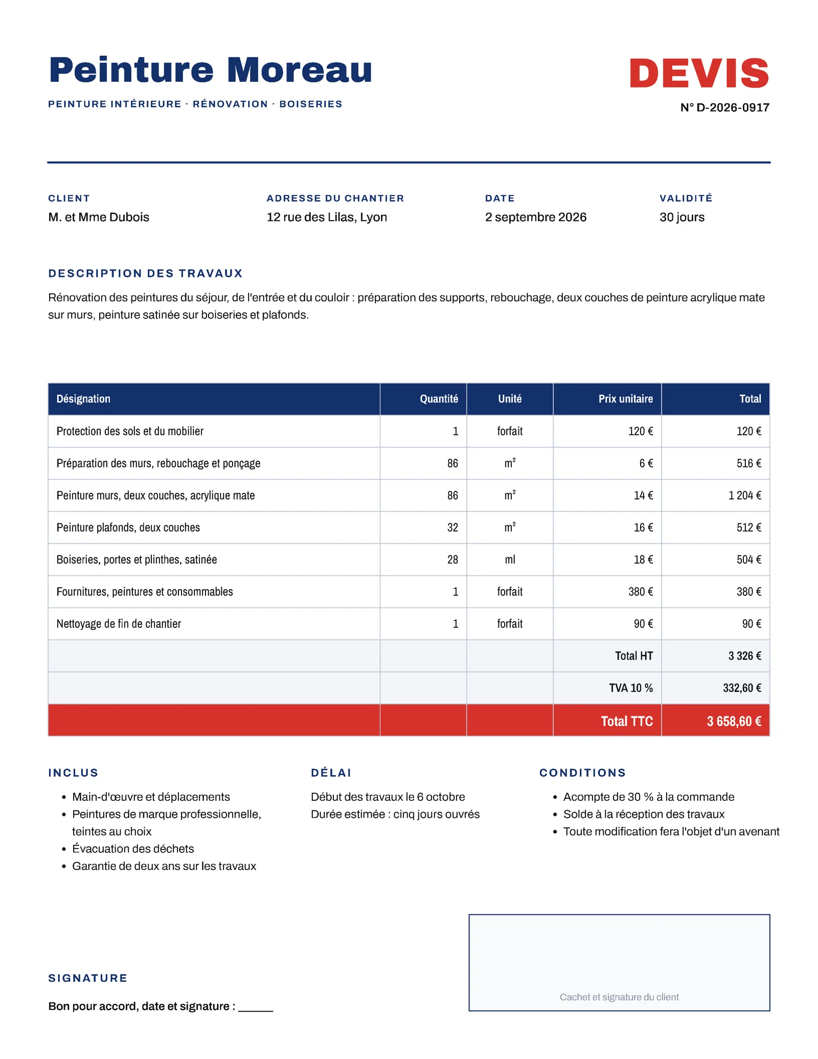 Trades Painting Contractor Quote, French — 2-page Quote template, page 1 of 2