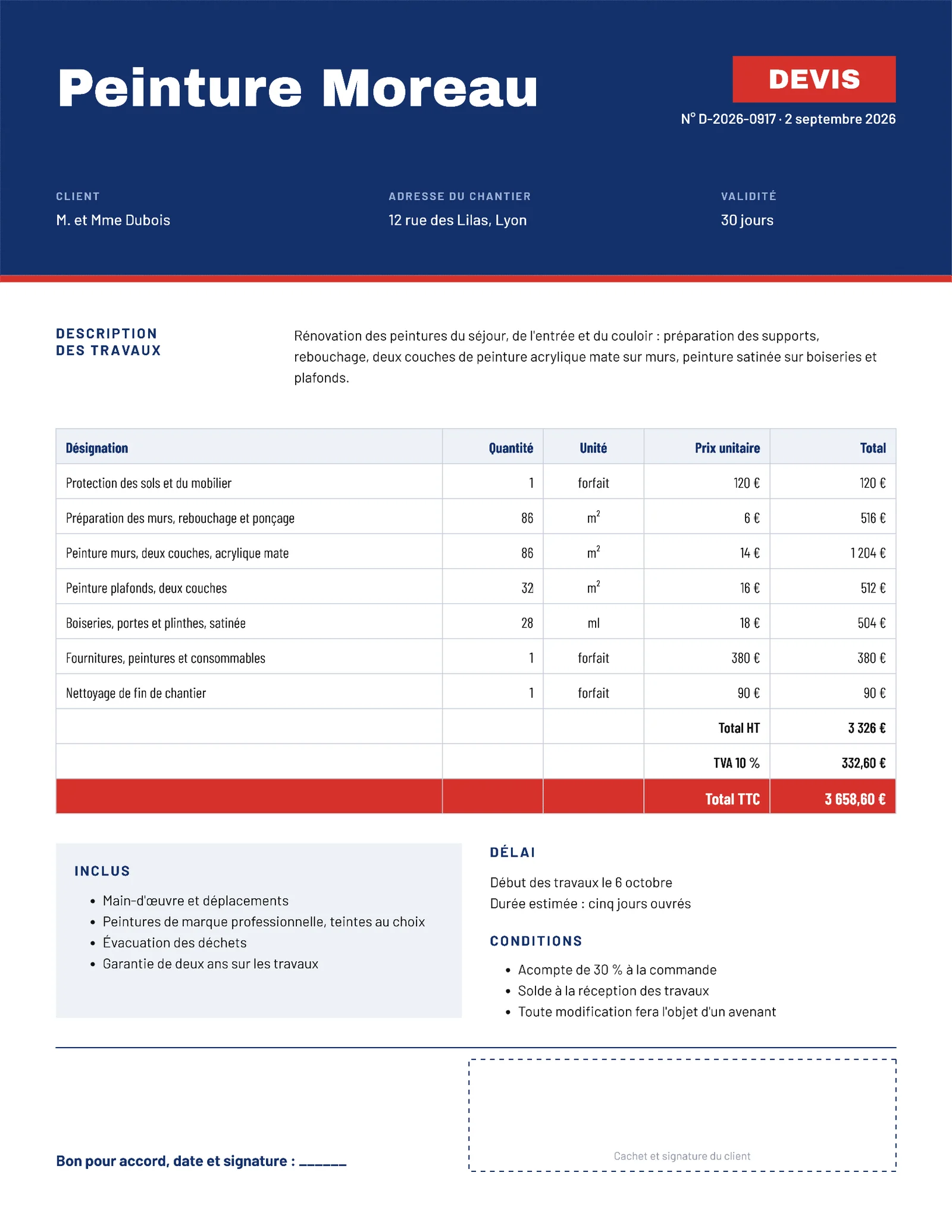 Trades Painting Contractor Quote, French — 2-page Quote template, page 2 of 2