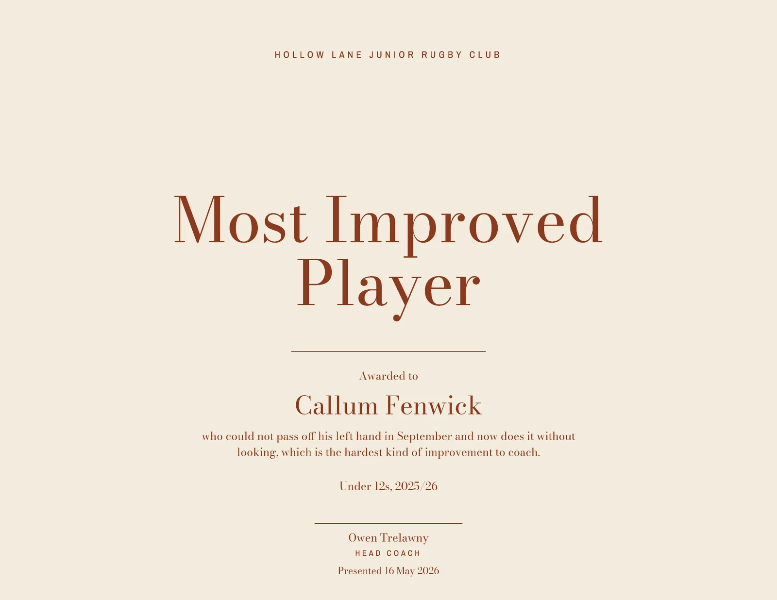 Russet Most Improved Player Certificate — Letter landscape Certificate template