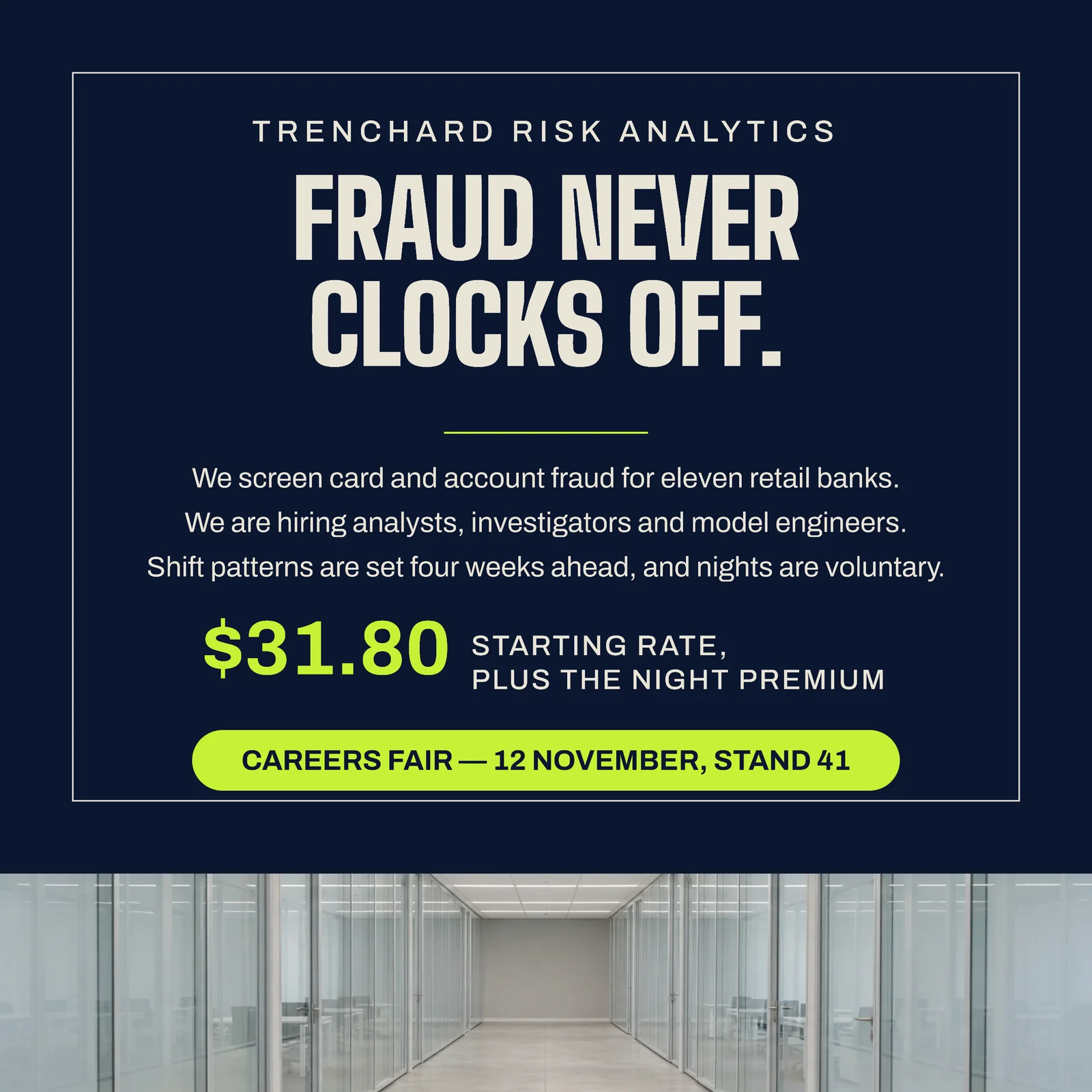Navy Lime Framed Notice Photo Strip Fraud Screening Careers Fair LinkedIn Ad — 1:1 LinkedIn ad template