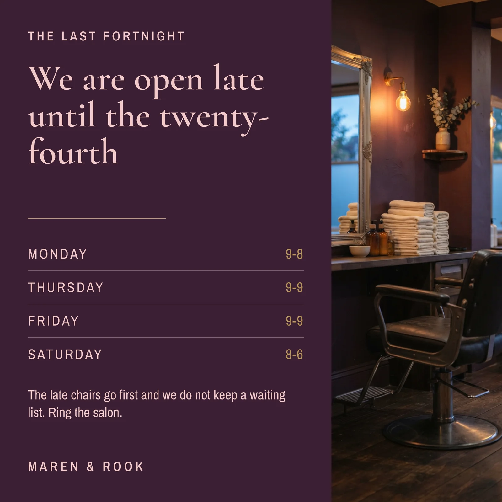 Hair Salon Christmas Late Openings Instagram Ad — 1:1 Instagram ad template