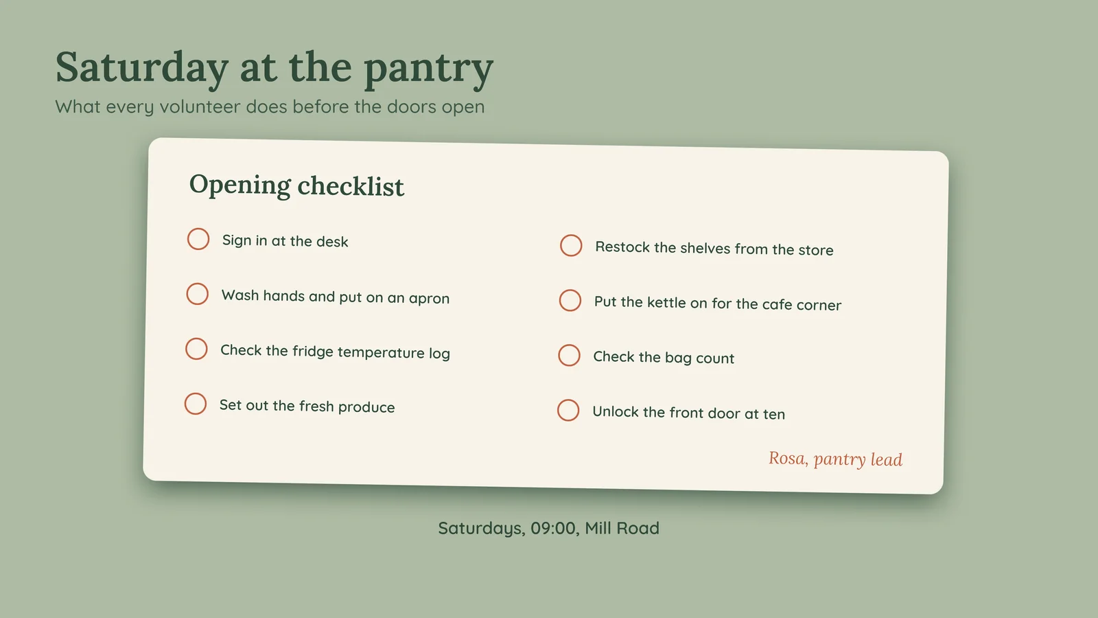 Volunteer Day Checklist Slide — 16:9 Slide template
