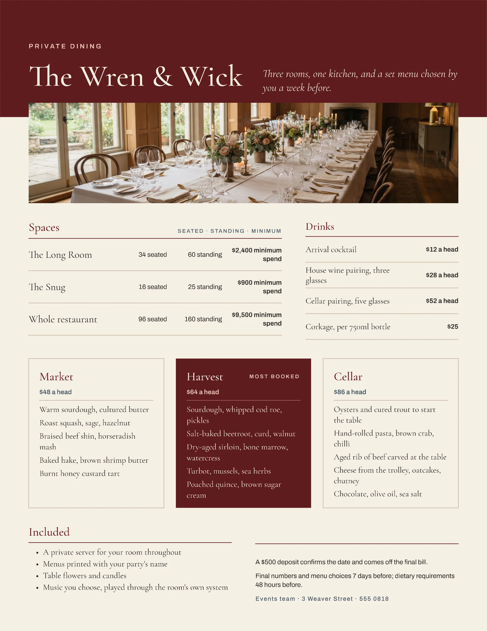 Oxblood Menu Packages Private Dining One Pager — 2-page One pager template, page 2 of 2