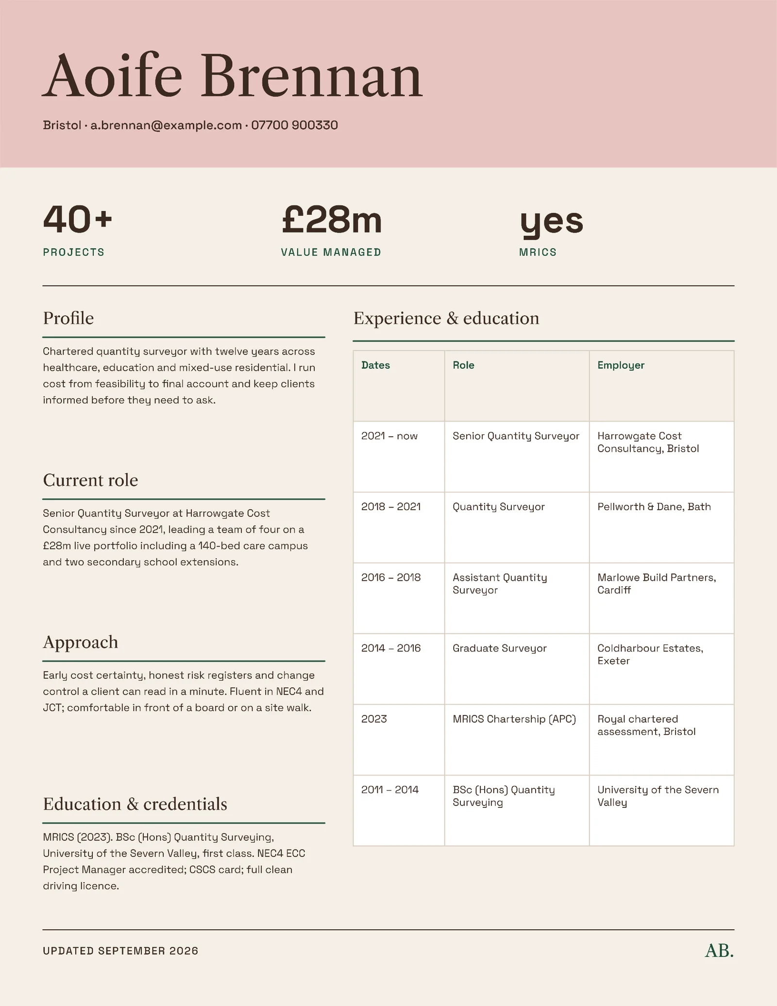 Quantity Surveyor Resume — 2-page Resume template, page 1 of 2