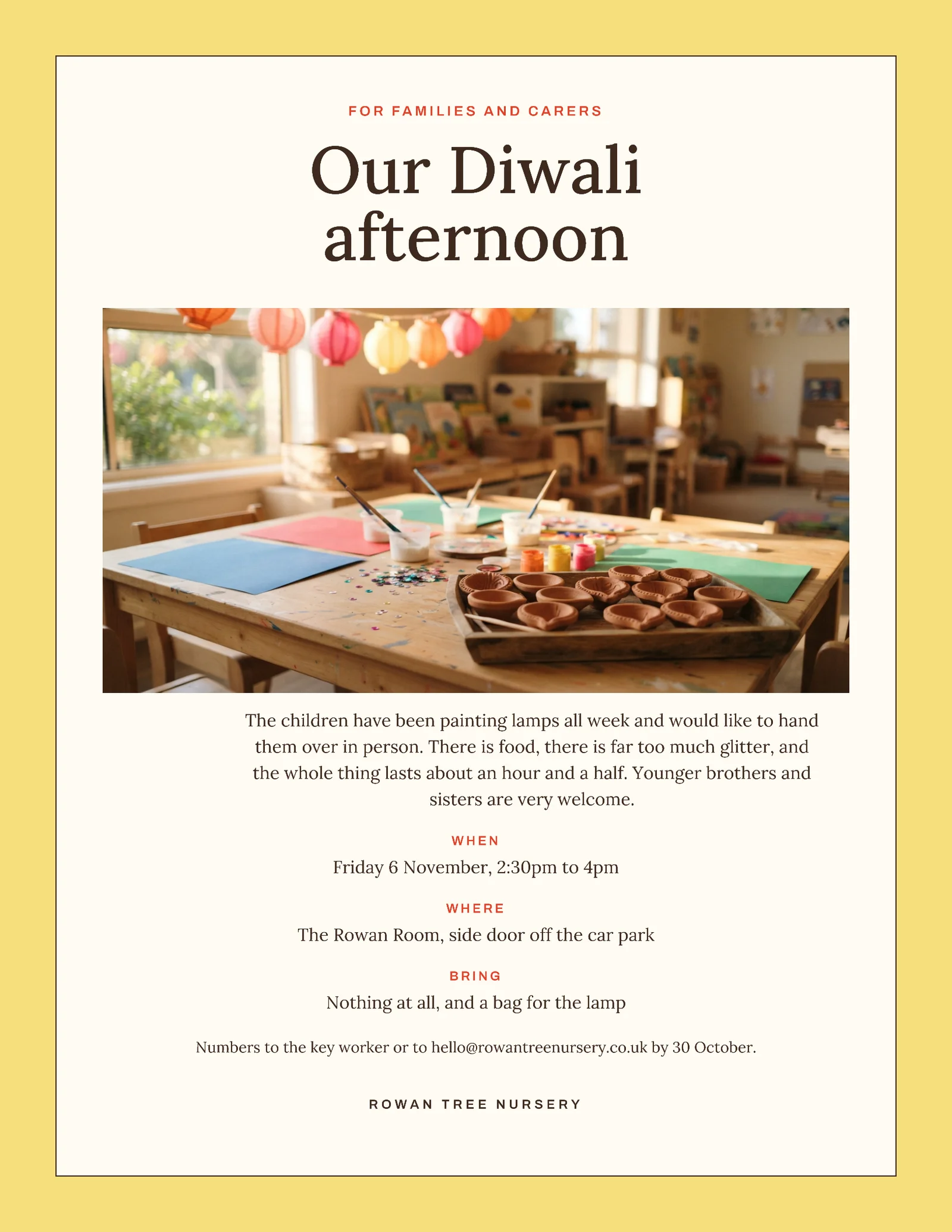 Nursery Diwali Afternoon Invitation — Letter Invitation template