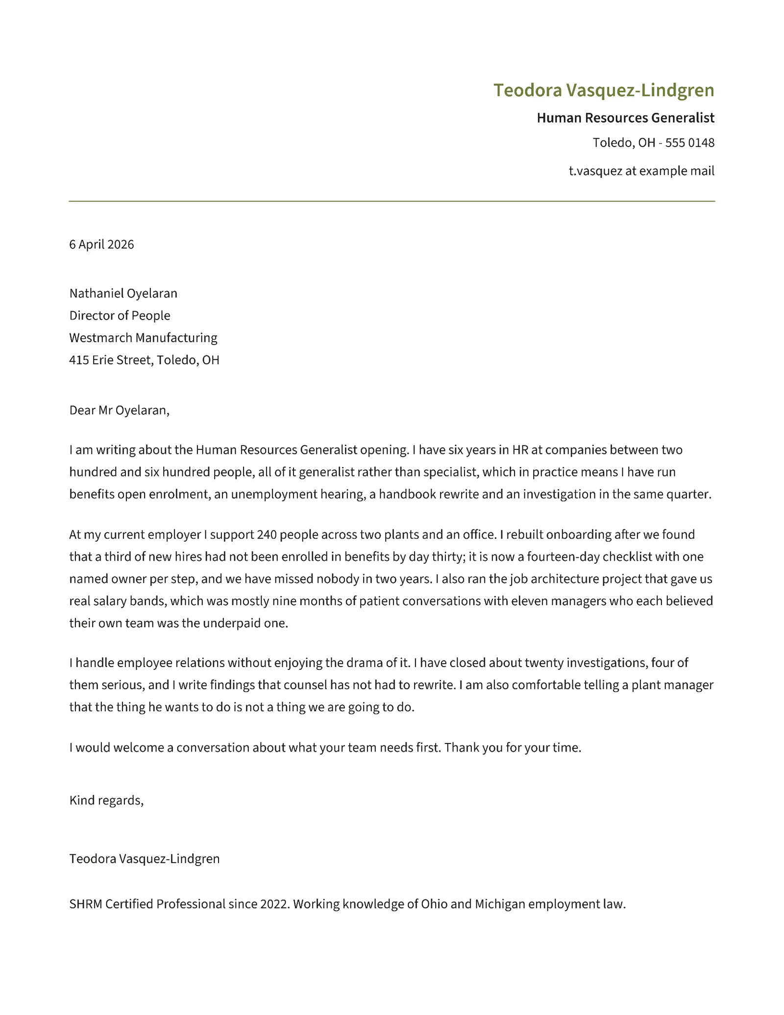 Human Resources Cover Letter — Letter Cover letter template