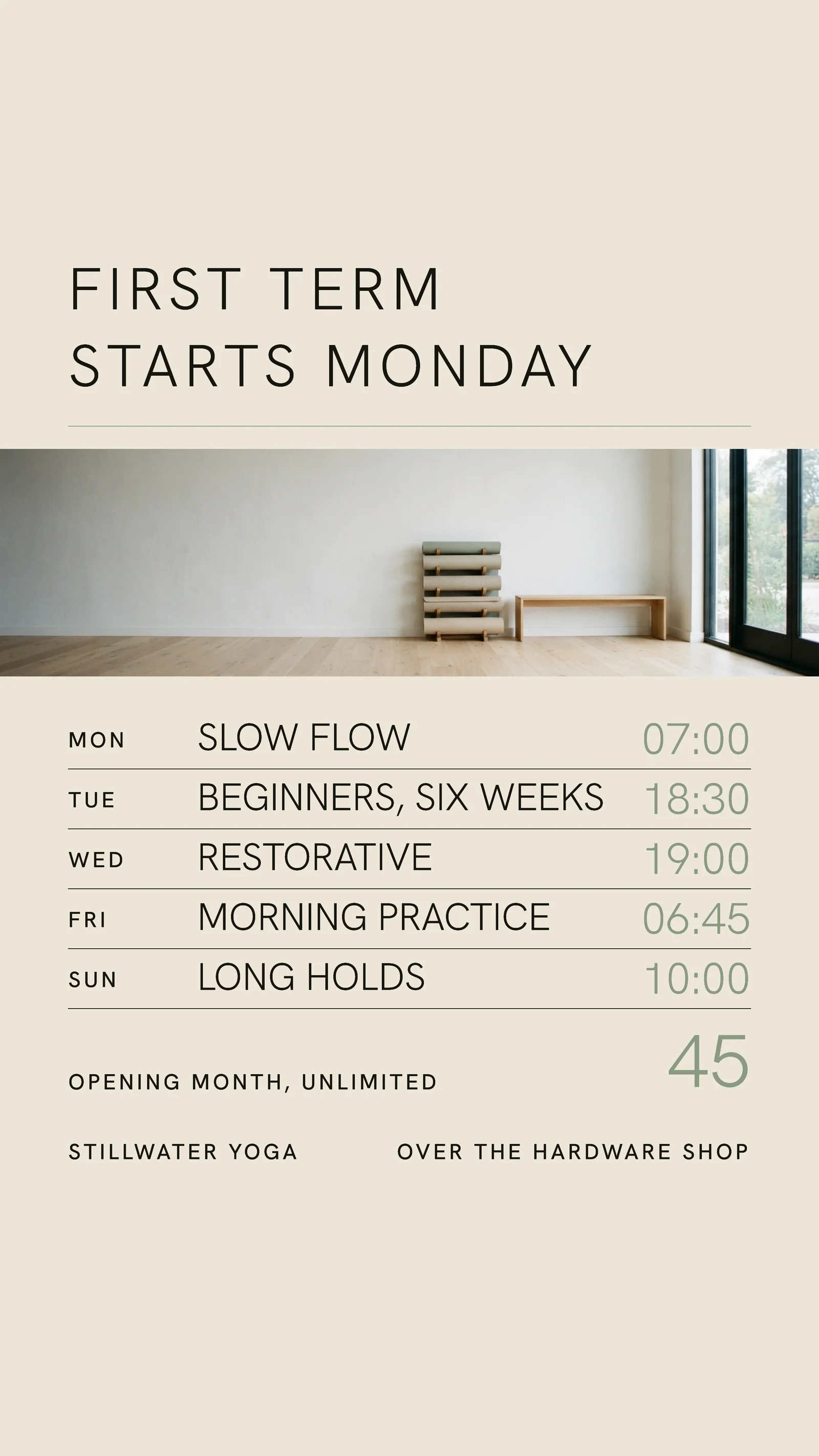 Timetable Grid Yoga Studio First Term Instagram Story — 9:16 Instagram story template