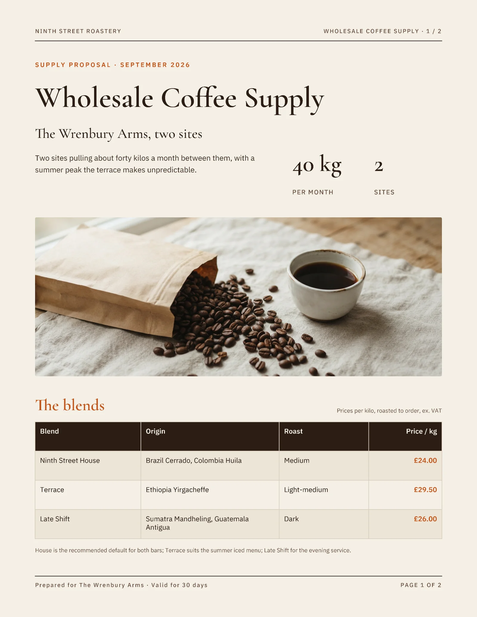 Coffee Supply Proposal — 2-page Proposal template, page 1 of 2