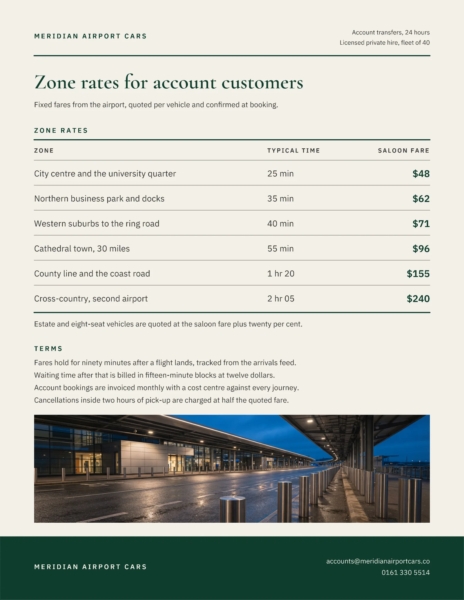 Bottle Green Zone Rate Table Airport Transfer One Pager — Letter One pager template