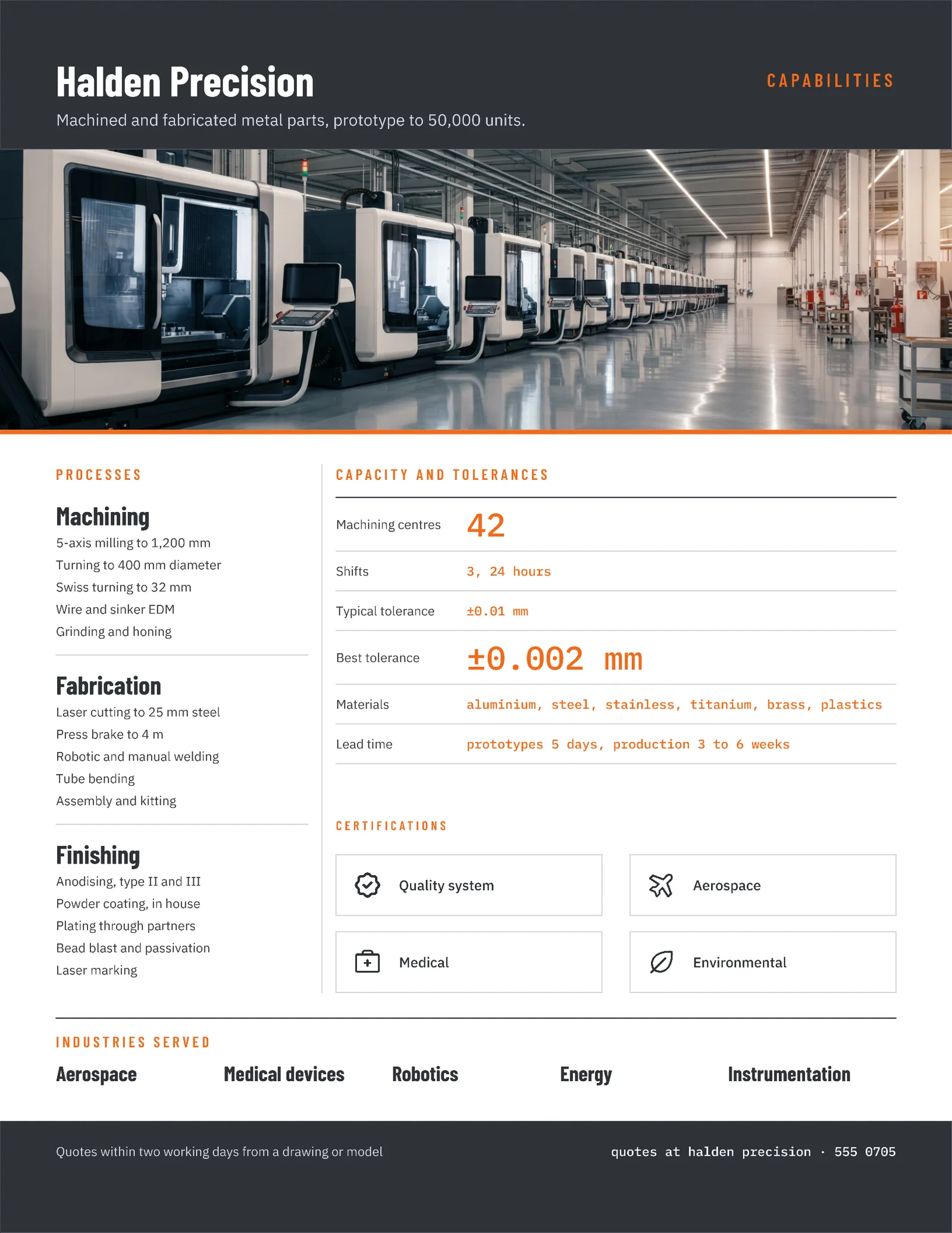 Industrial Capabilities Contract Manufacturer Sheet — 2-page One pager template, page 2 of 2