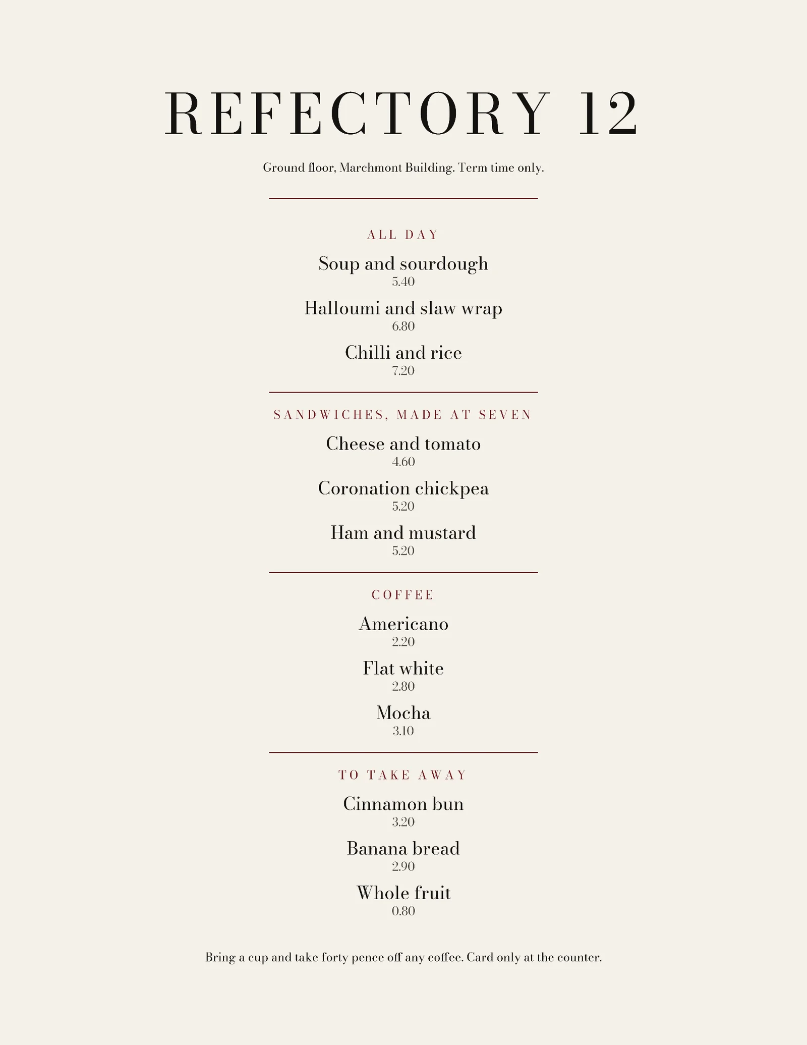 Ivory Centred Card Campus Cafe Menu — Letter Menu template