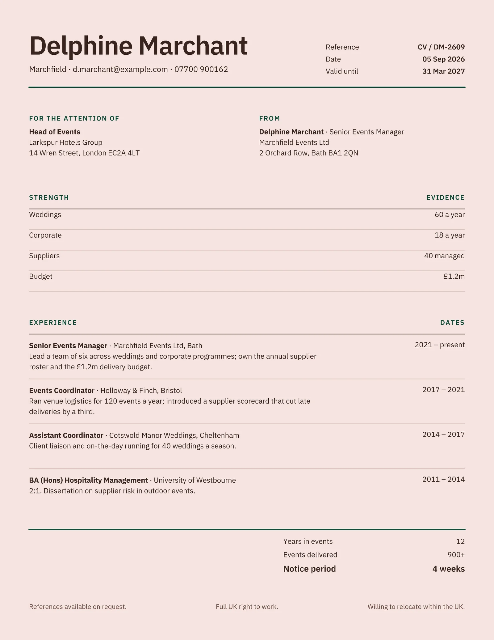 Events Manager Resume — Letter Resume template