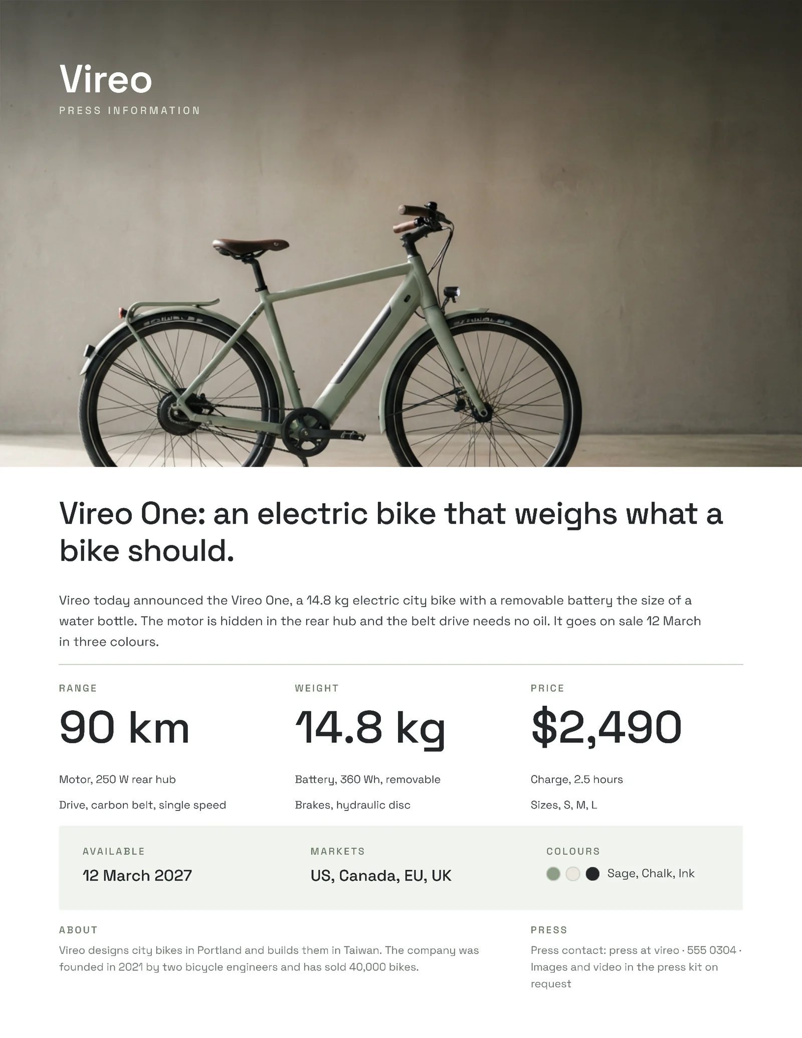 Photo Hero Press Sheet E-Bike Launch — Letter One pager template