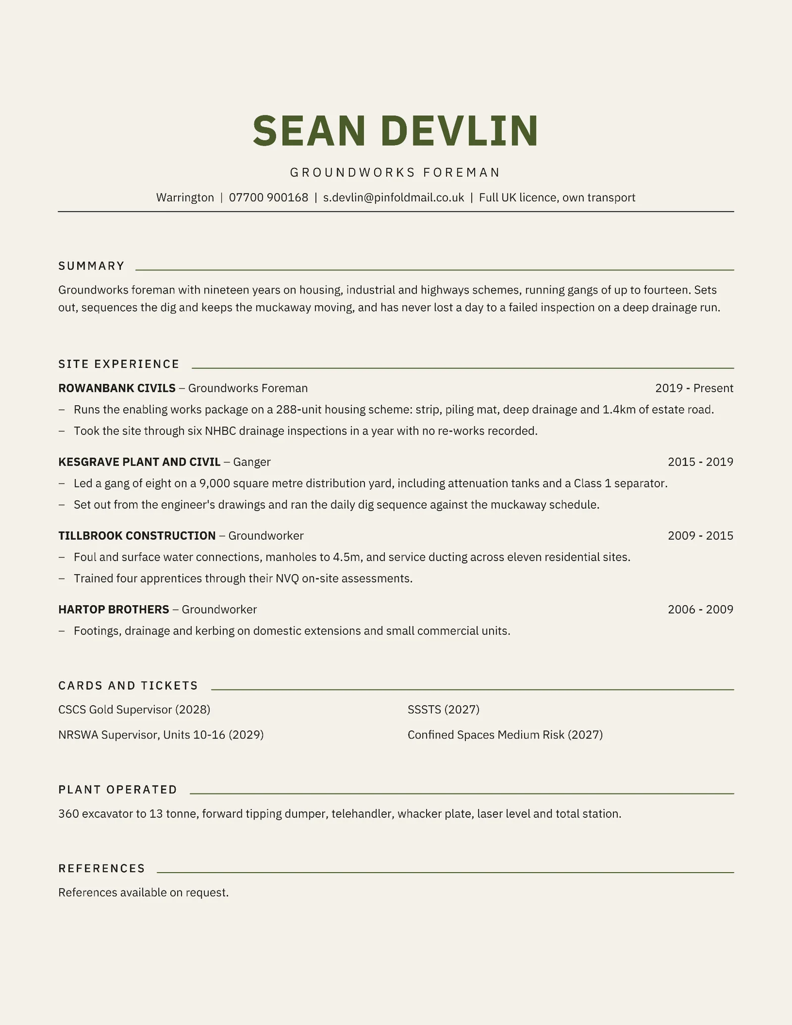 Groundworks Foreman Resume — Letter Resume template