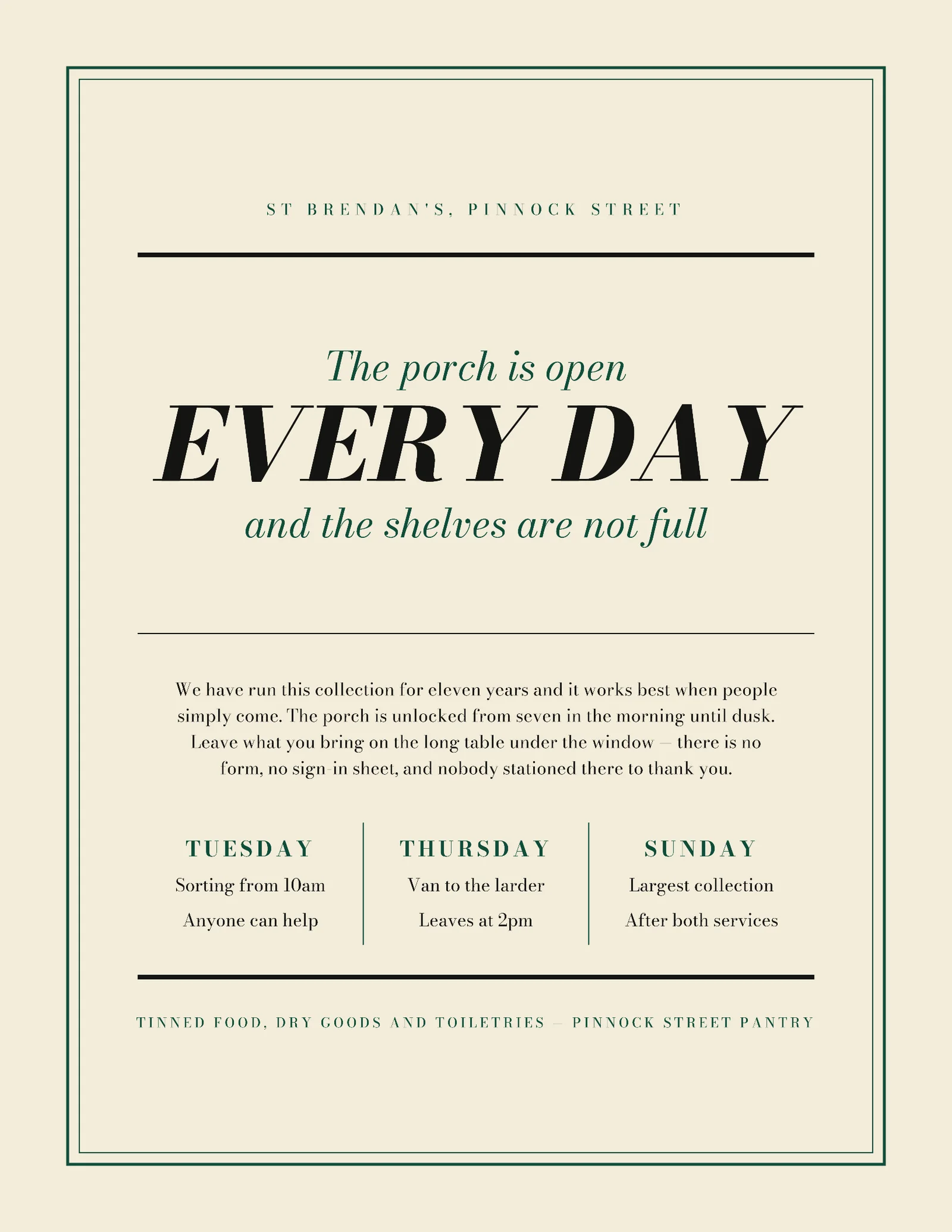 Bottle Green Letterpress Notice Church Food Drive Flyer — Letter Flyer template