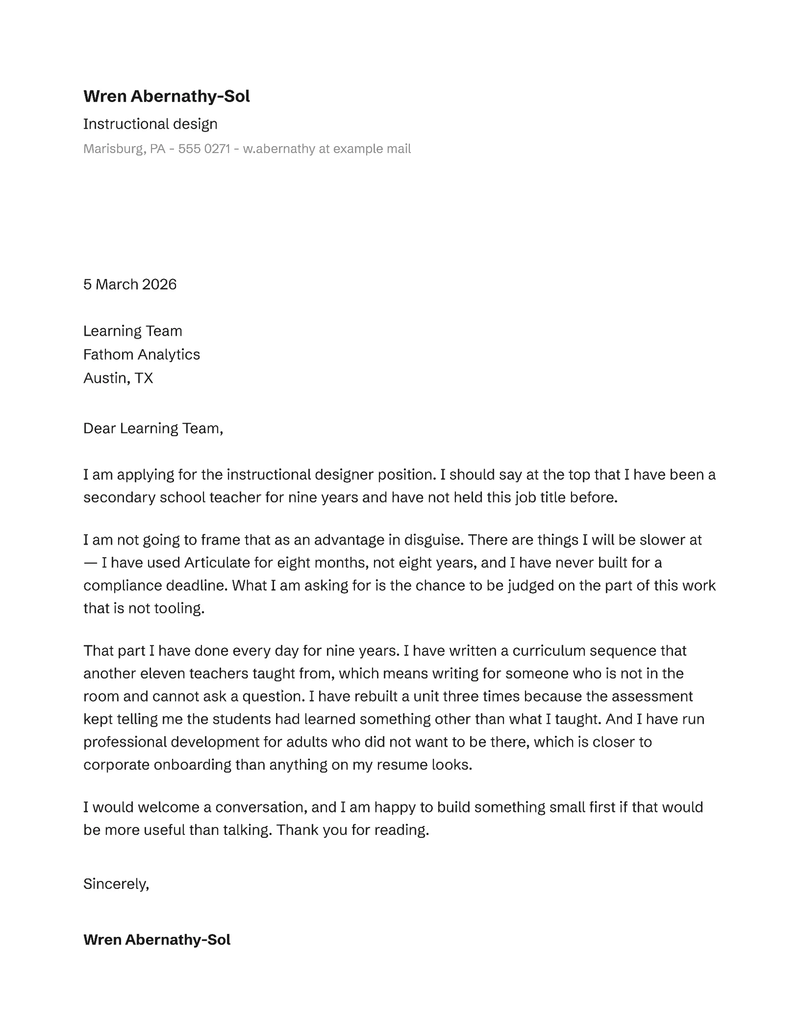 Career Change Cover Letter — Letter Cover letter template