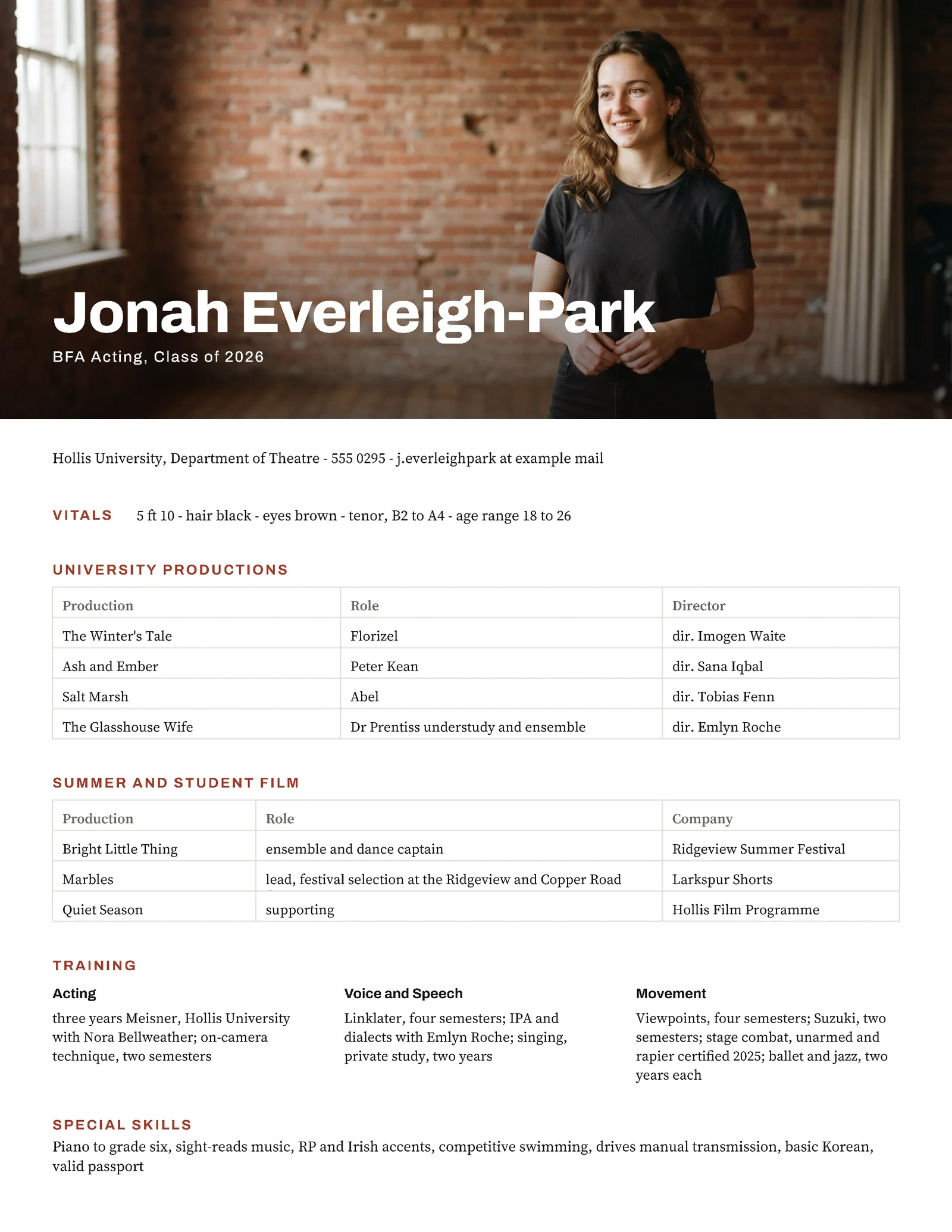 Acting Student Resume — Letter Resume template