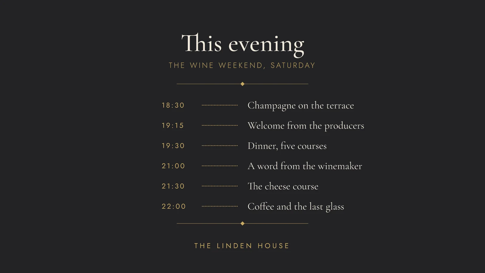 Dinner Programme Agenda Slide — 16:9 Slide template