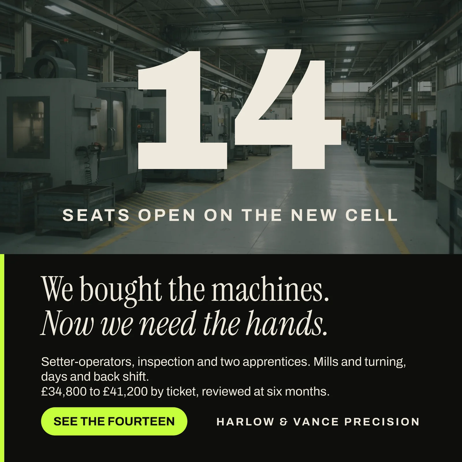 Machine shop hiring ad — giant numeral over the shop floor — 1:1 LinkedIn ad template
