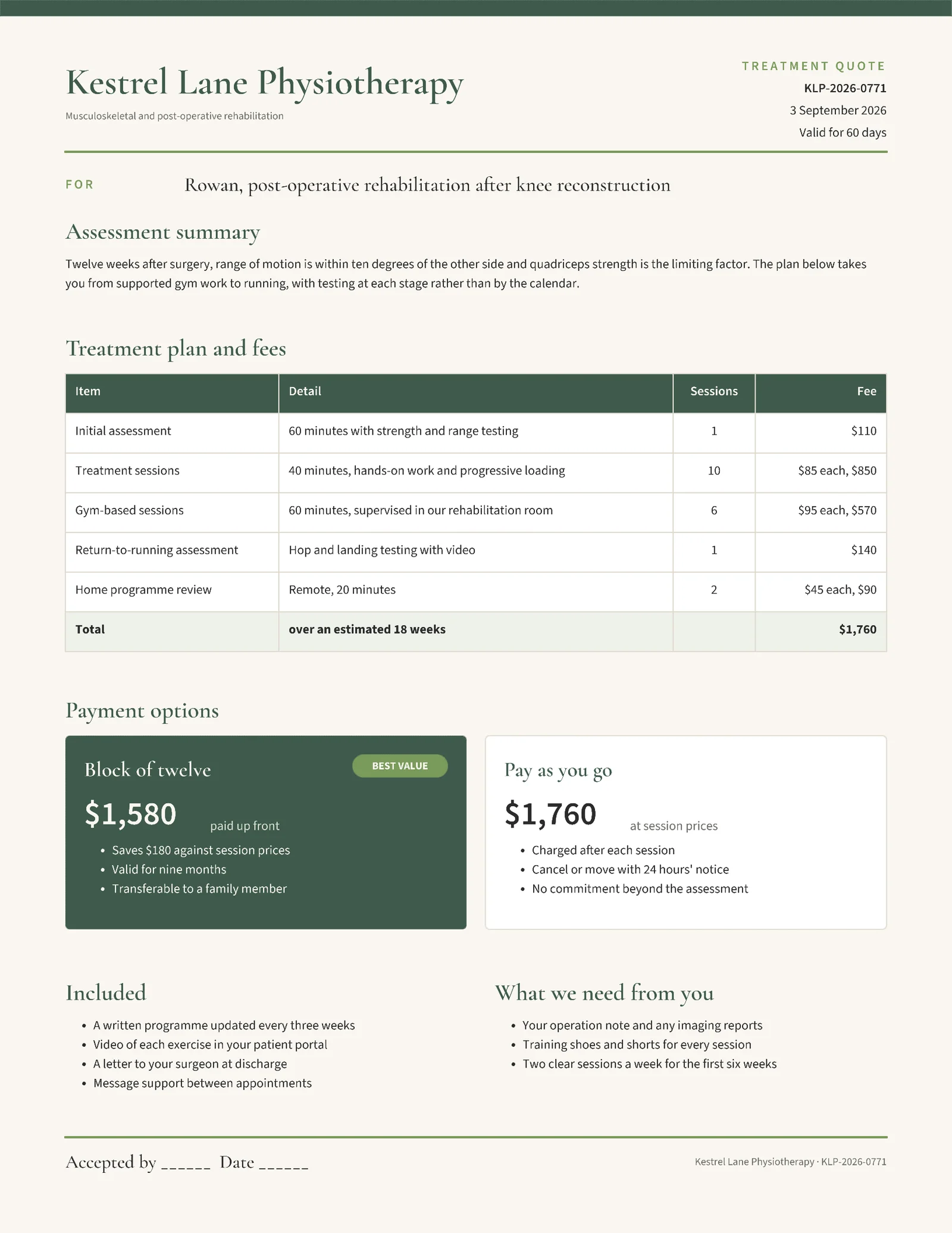 Sage Clinical Physiotherapy Rehab Block Quote — 2-page Quote template, page 1 of 2