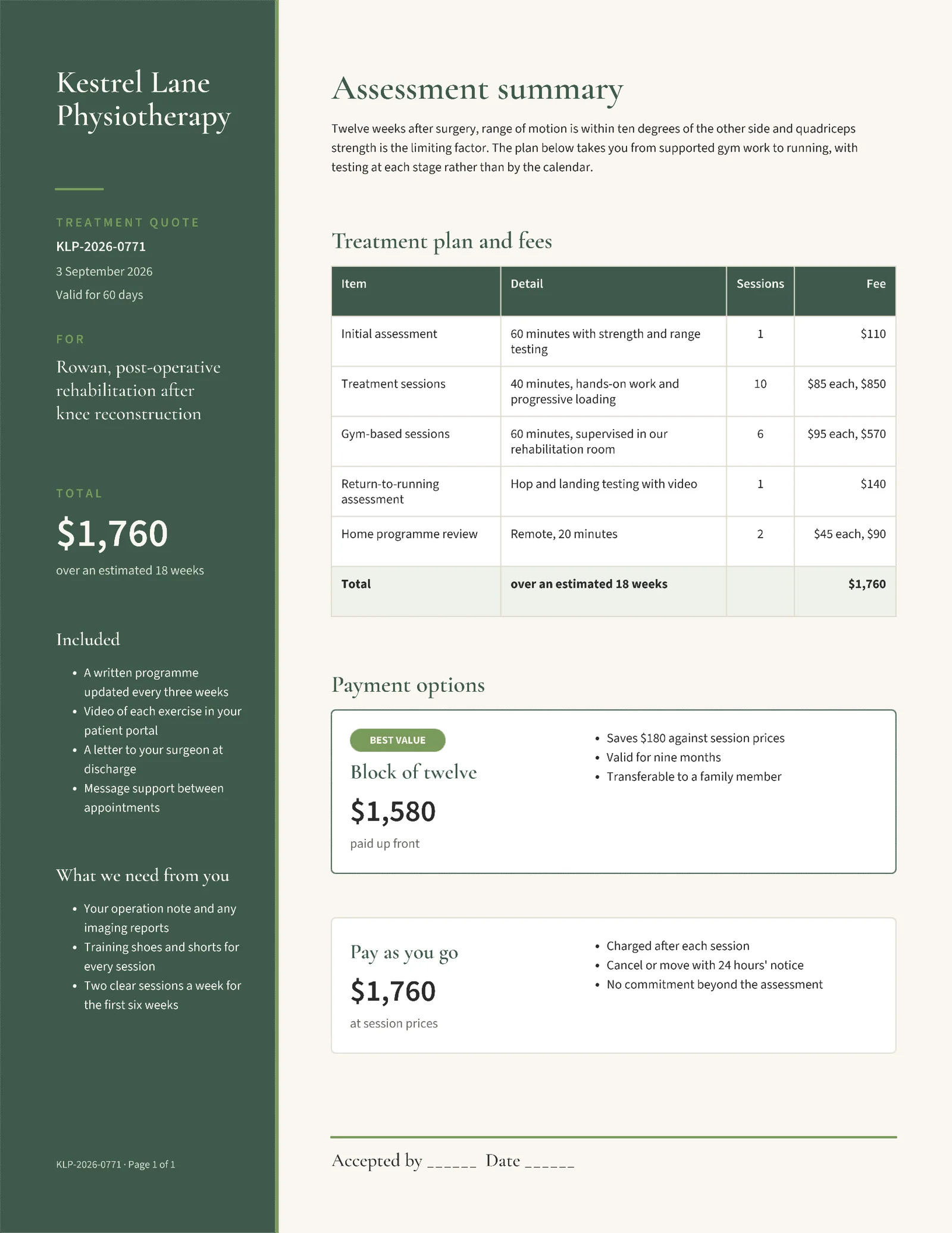 Sage Clinical Physiotherapy Rehab Block Quote — 2-page Quote template, page 2 of 2
