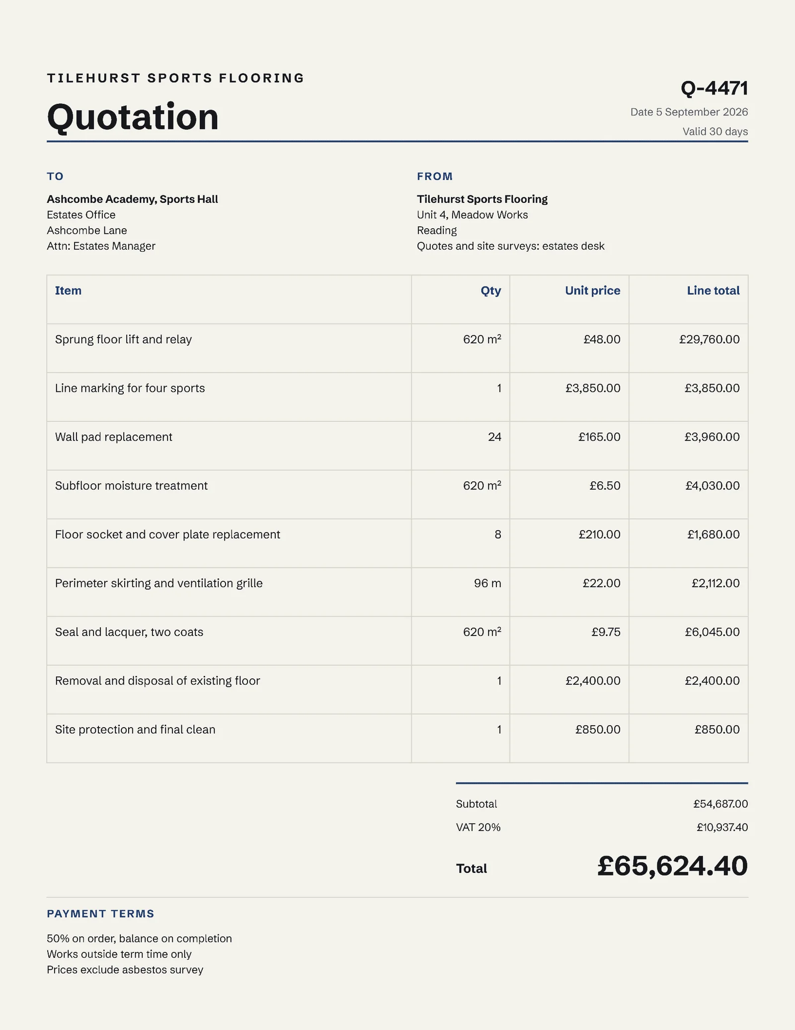 Sports Hall Refurbishment Quote — 2-page Quote template, page 1 of 2