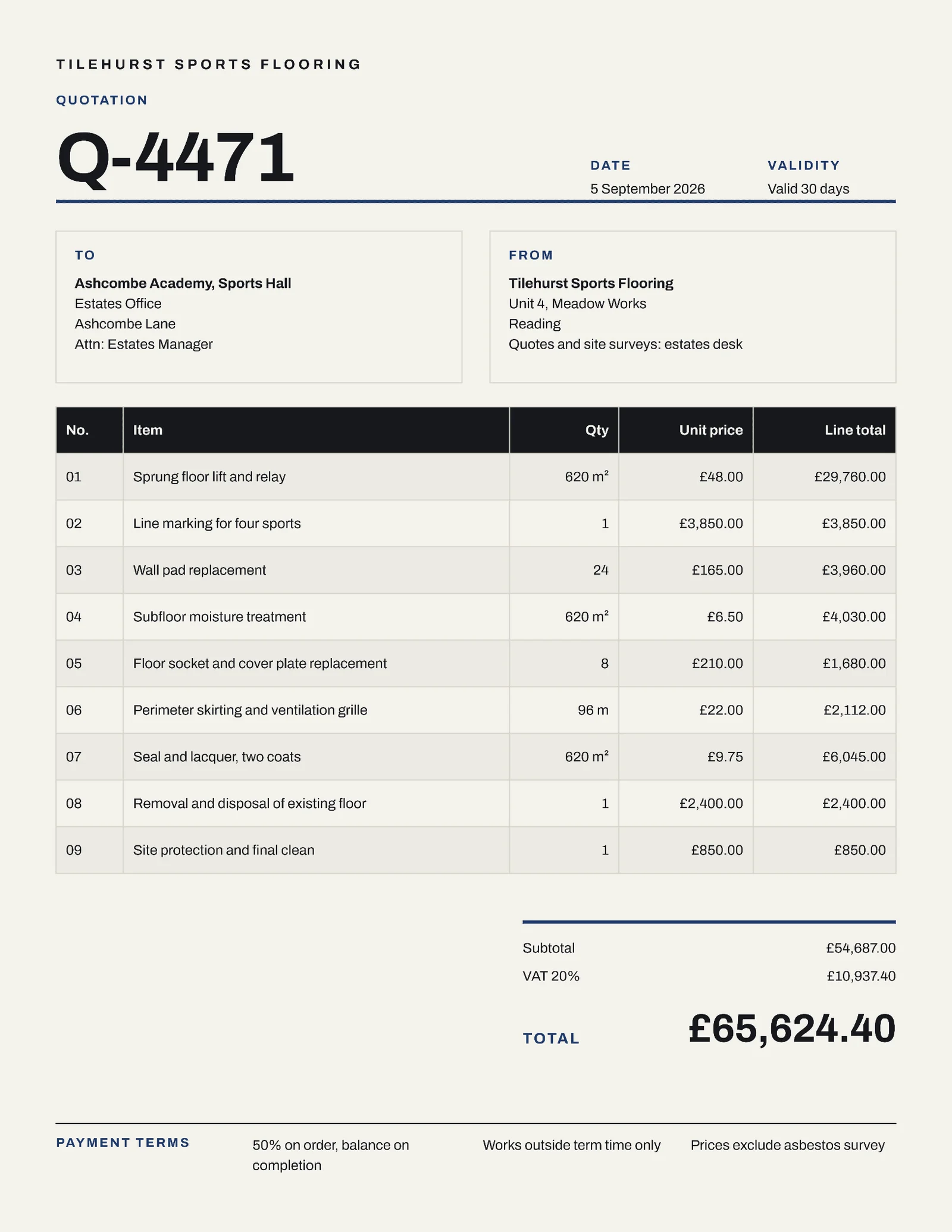 Sports Hall Refurbishment Quote — 2-page Quote template, page 2 of 2