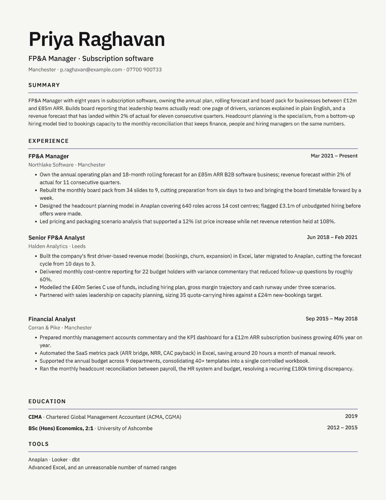 FP&A Manager Resume — Letter Resume template