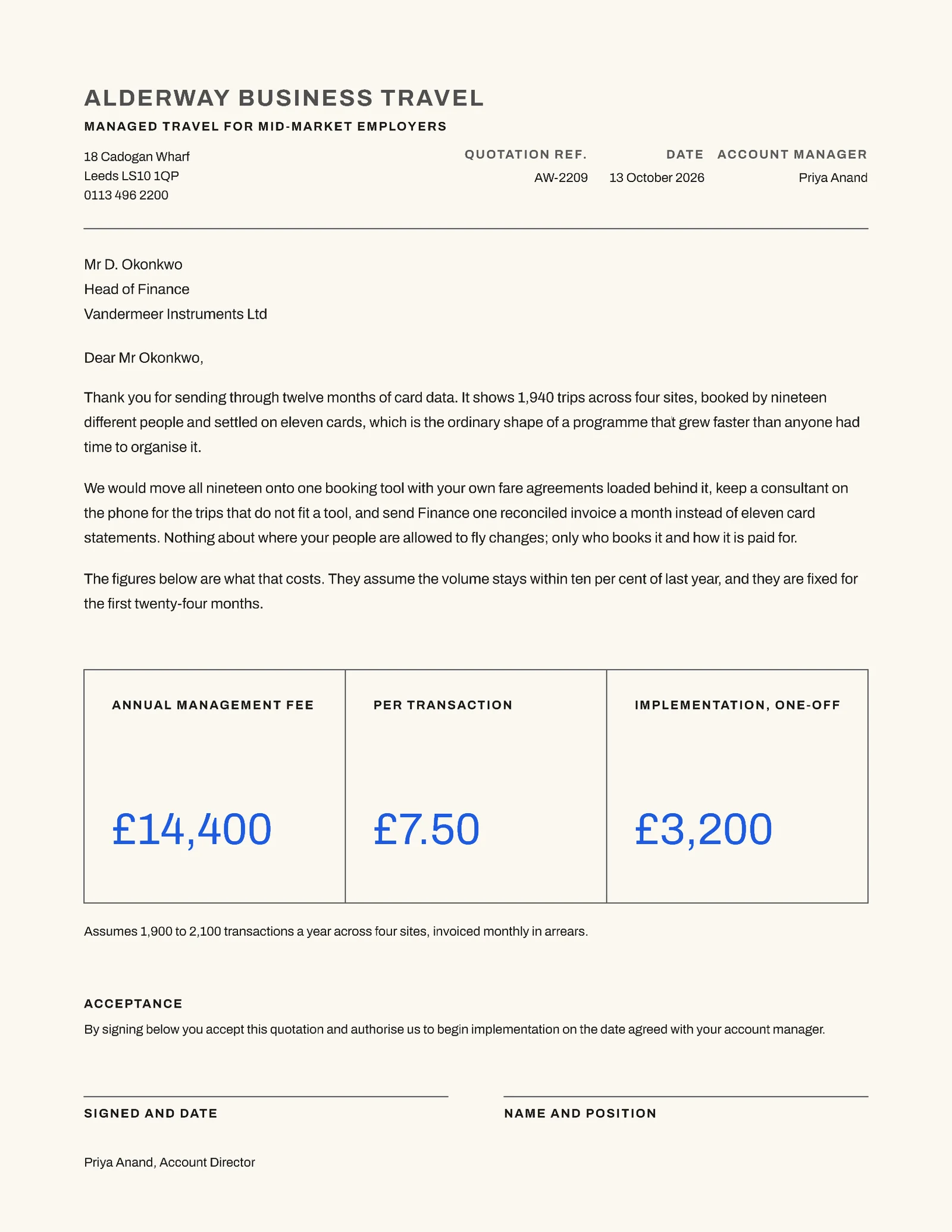 Corporate Travel Programme Acceptance Quote — Letter Quote template