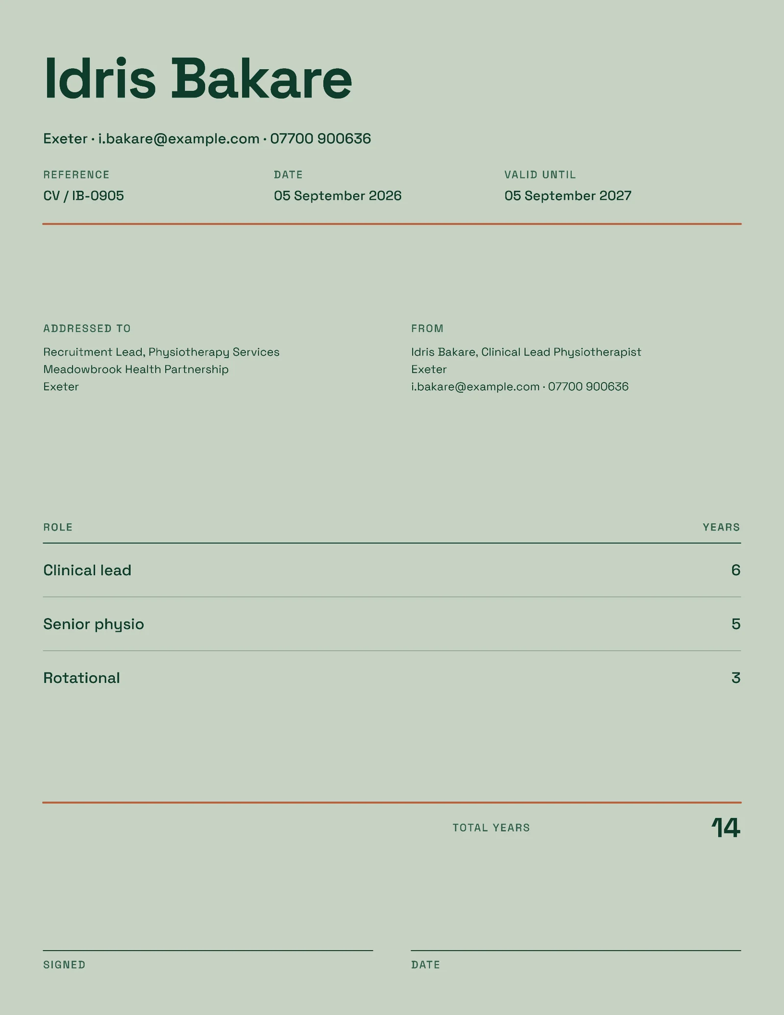 Physiotherapy Lead Resume — 2-page Resume template, page 1 of 2