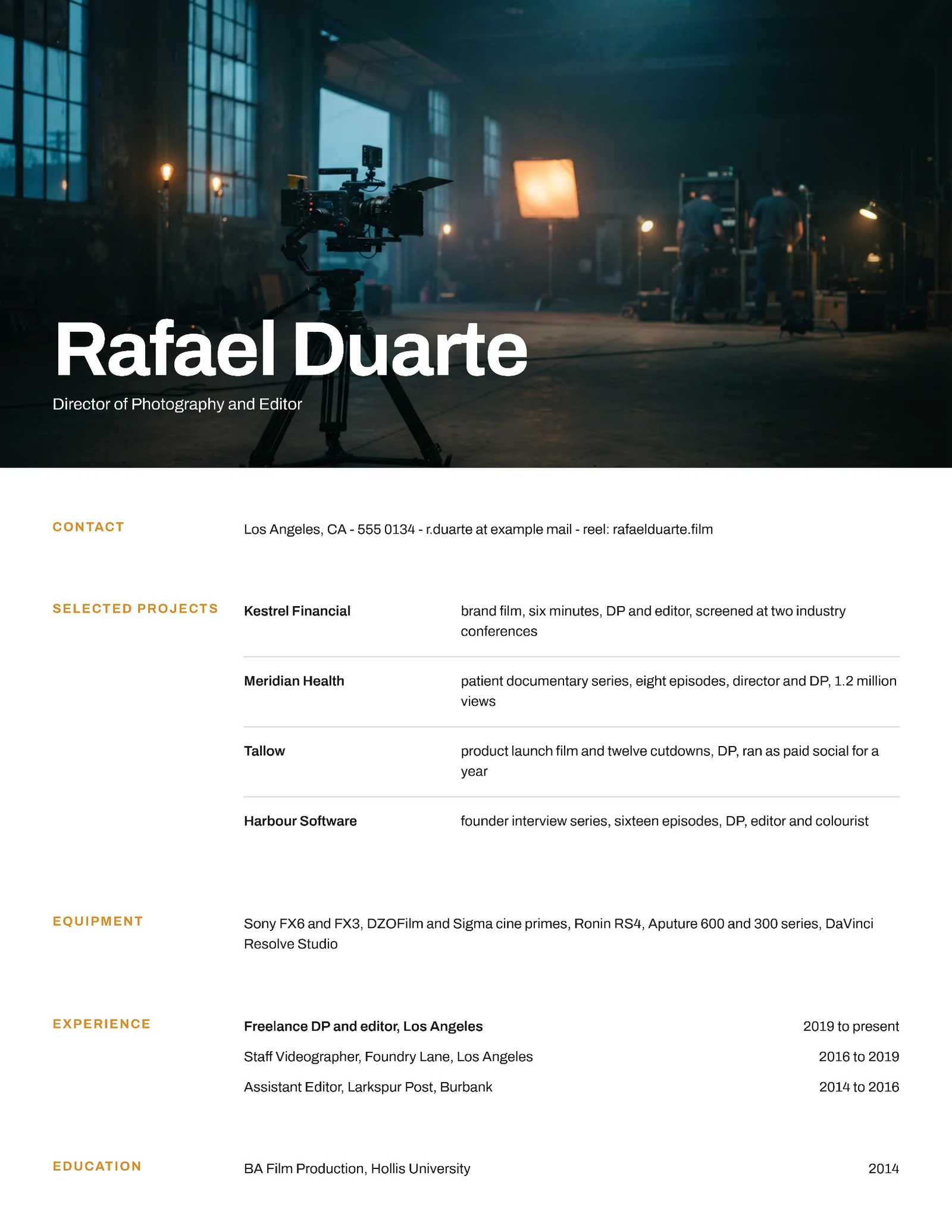 Videographer Resume — Letter Resume template