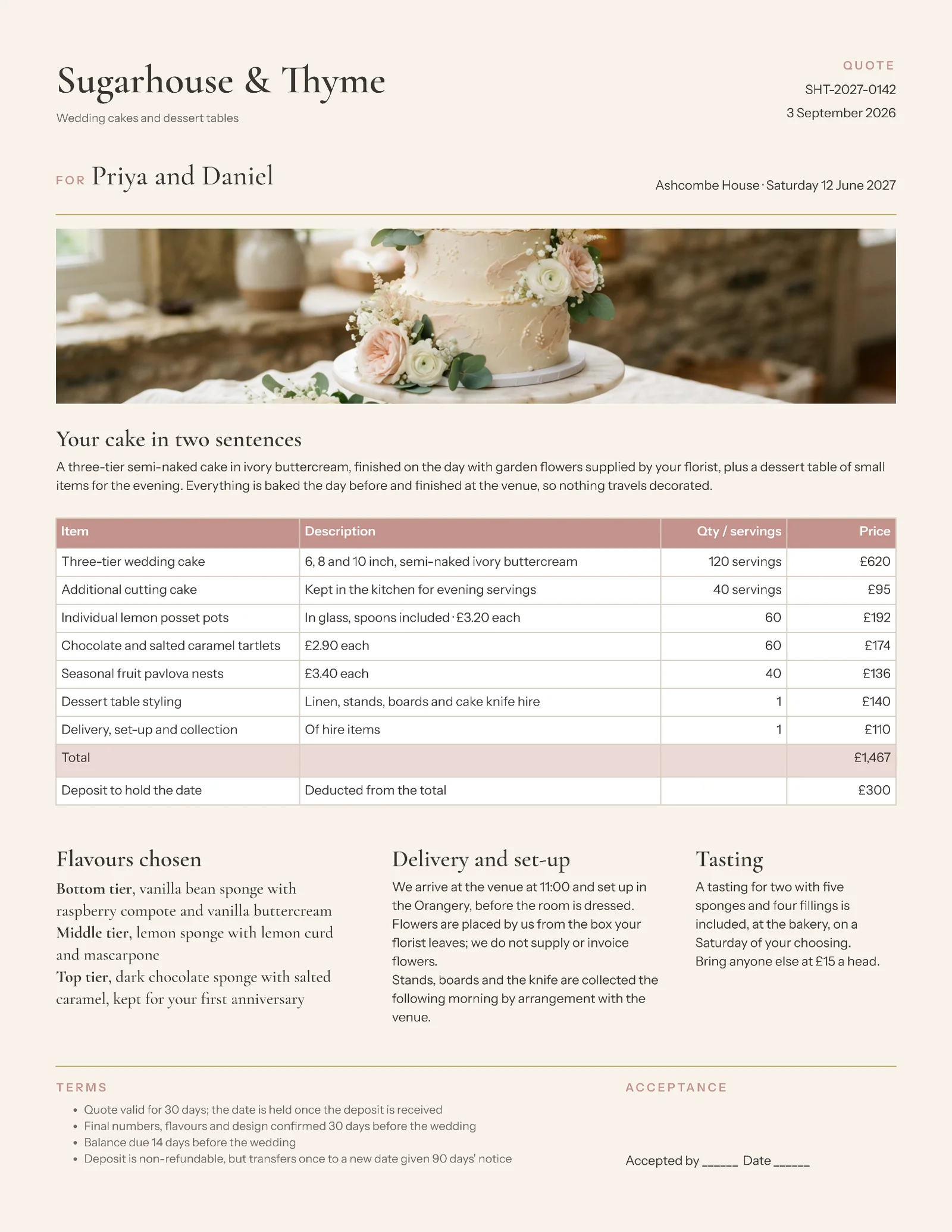 Blush Cream Tiered Items Wedding Cake Quote — 2-page Quote template, page 1 of 2
