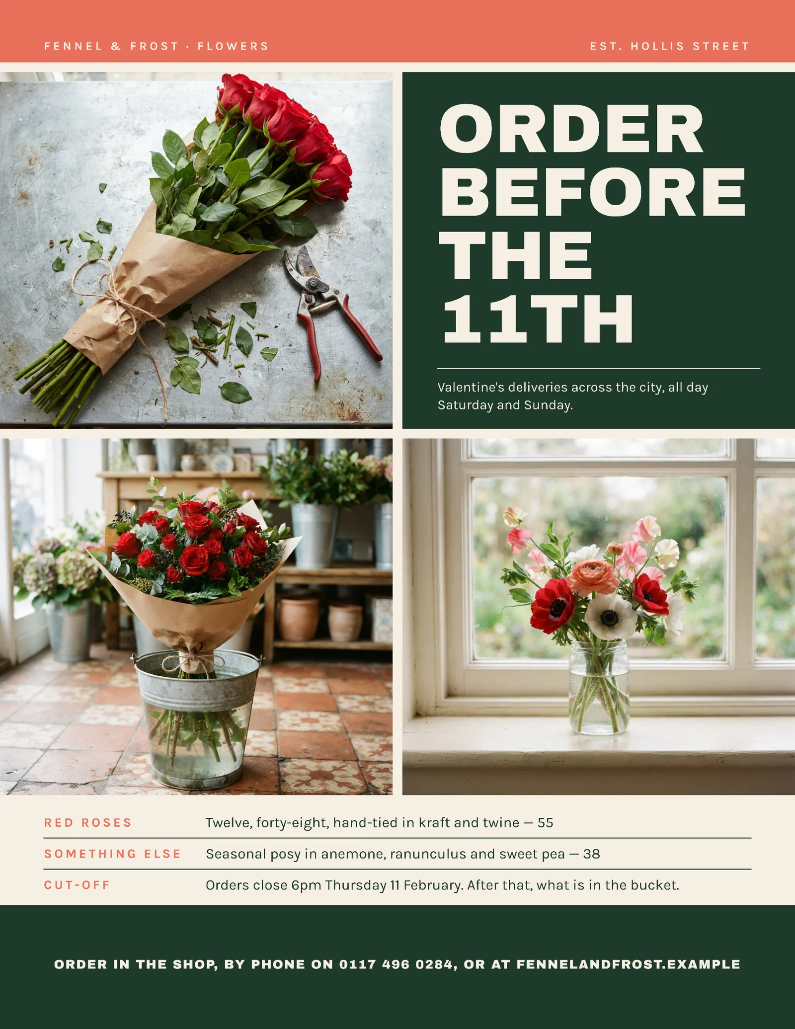 Coral Cream Leaf Green Four Tile Grid Florist Valentine's Order Cut-Off Flyer — Letter Flyer template